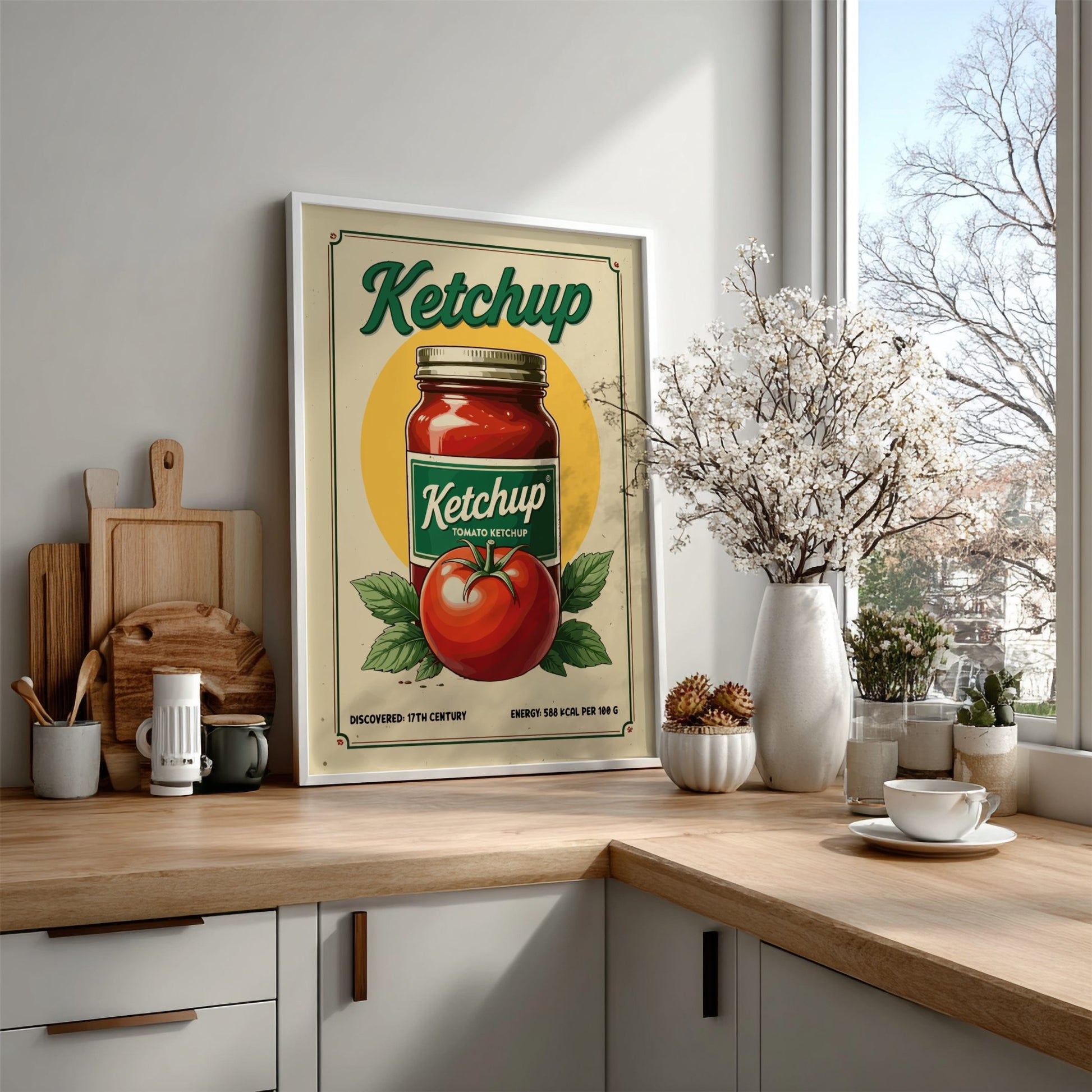Ketchup poster on a kitchen wall with wooden countertops and decor.