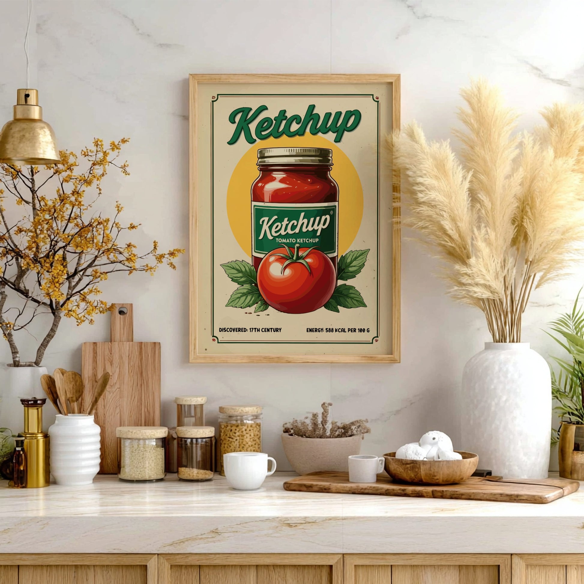 Framed ketchup poster on a kitchen wall with decor elements.