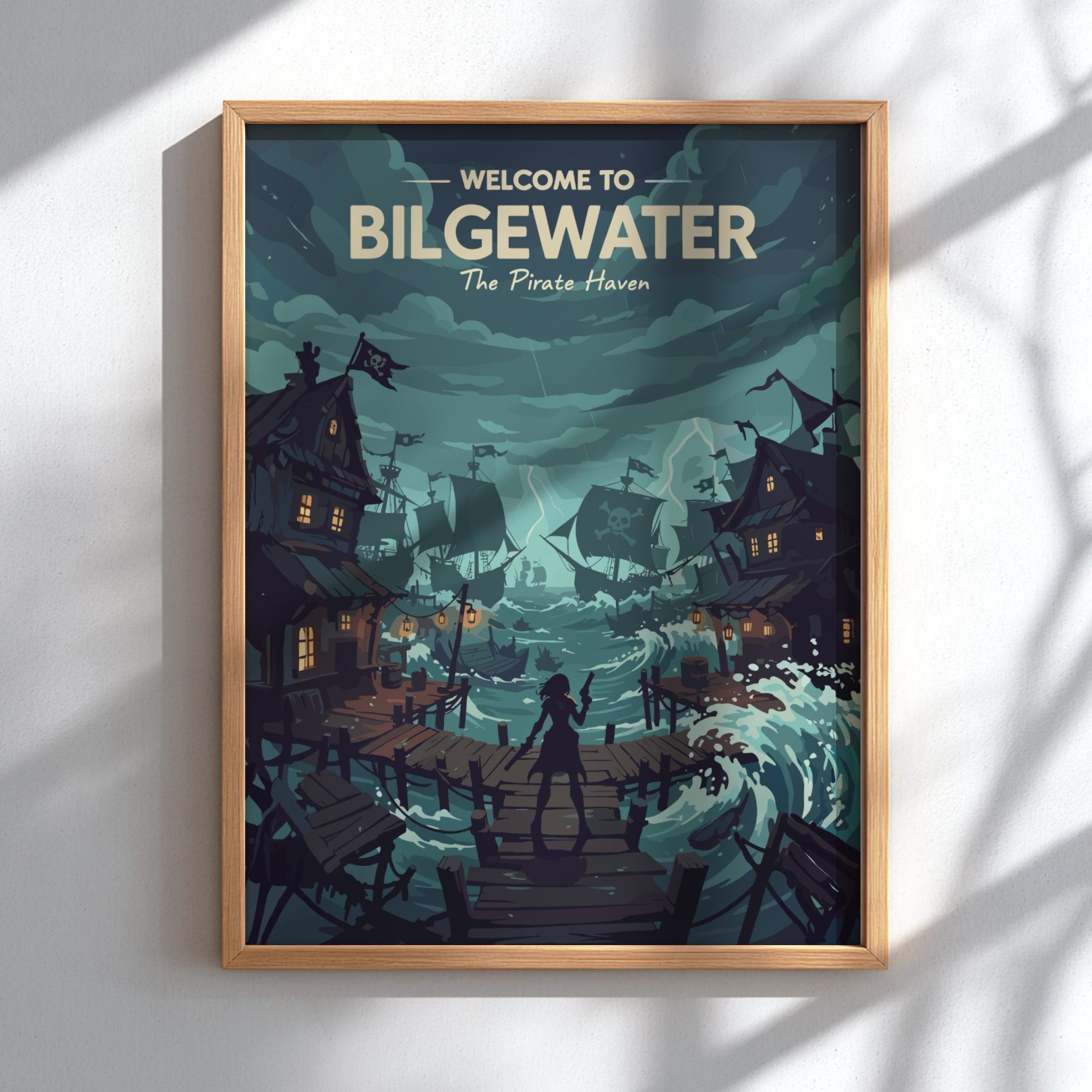 Framed artwork of 'Welcome to Bilgewater, The Pirate Haven' with a pirate-themed scene.