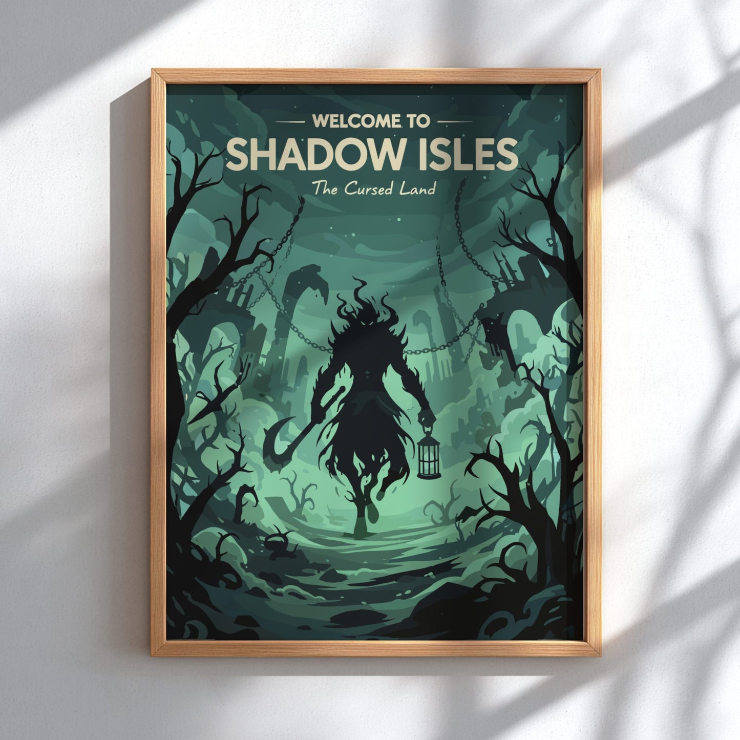 Framed poster with 'Welcome to Shadow Isles' text and a silhouette of a person in a dark forest.