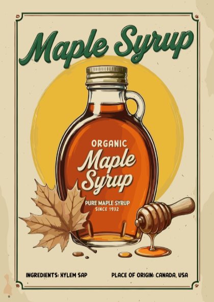 Vintage-style advertisement for organic maple syrup with a bottle, leaf, and honey dipper on a beige background.