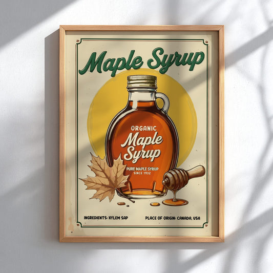 Framed poster of organic maple syrup with a bottle and leaf design on a light background
