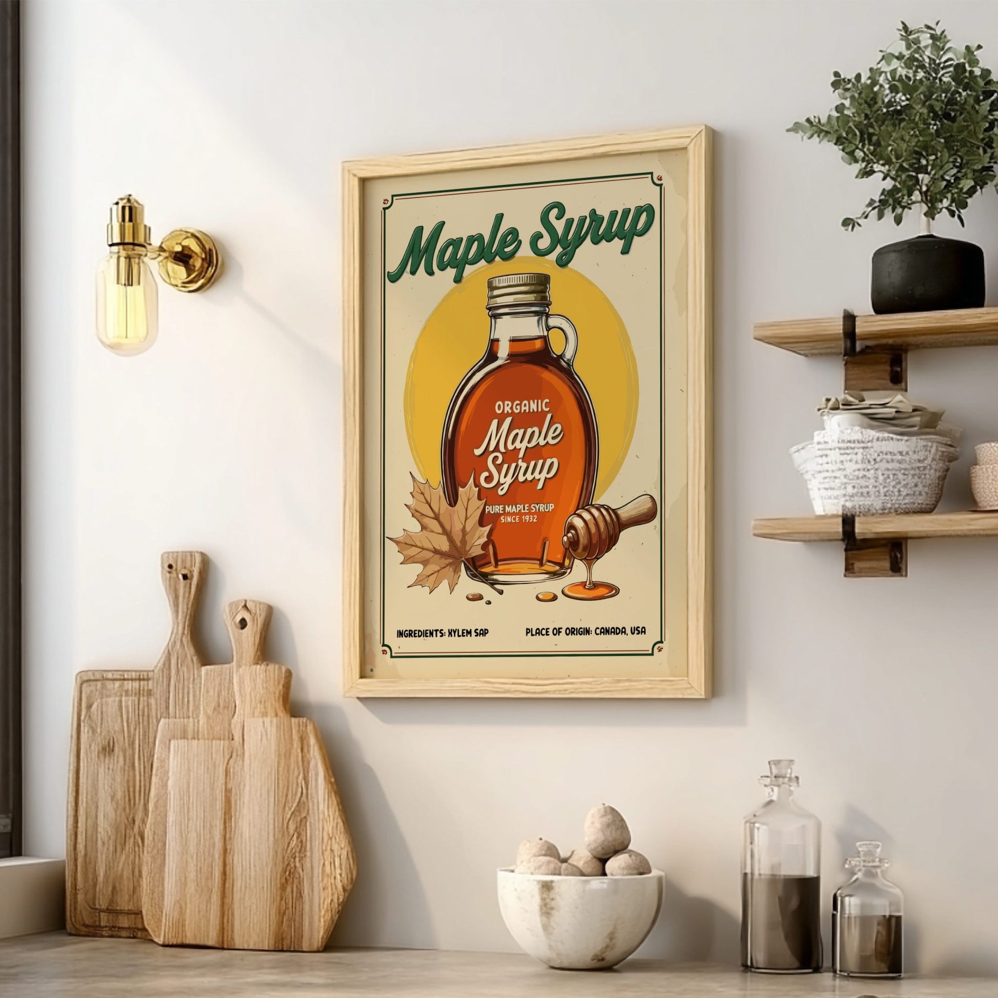 Framed poster of maple syrup on a wall with kitchen decor.