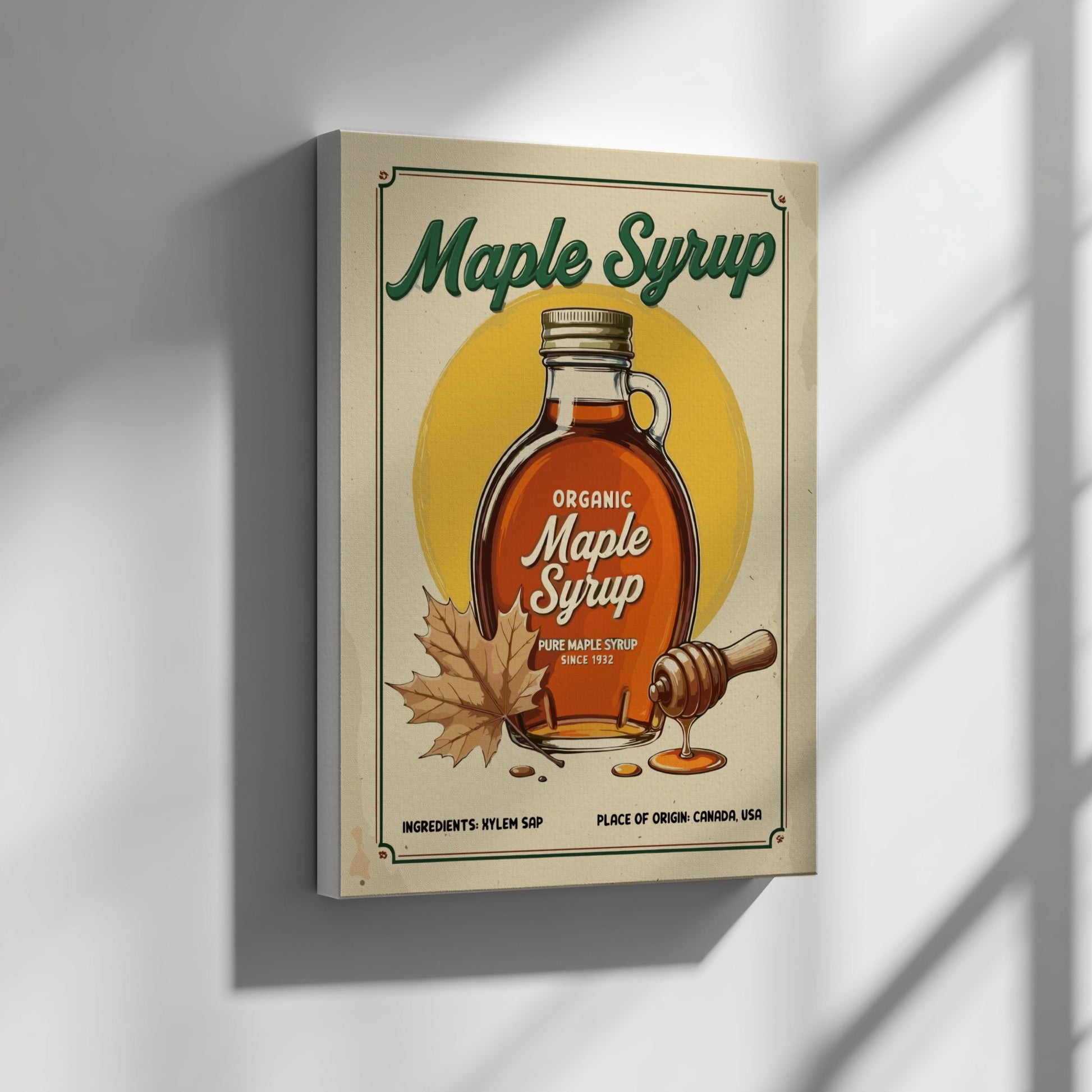 Canvas print of a maple syrup design with a bottle and leaf on a beige background.