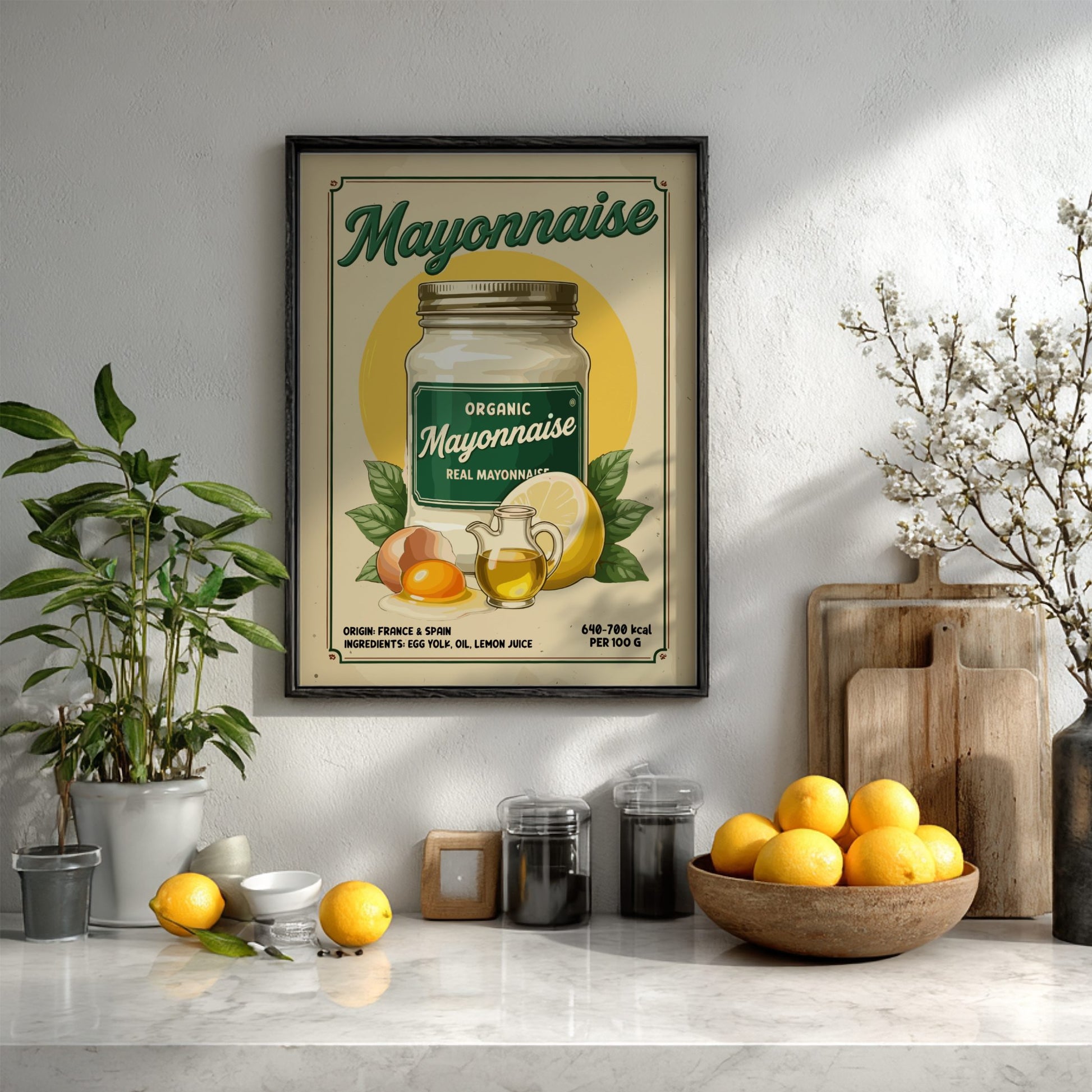 Framed vintage mayonnaise advertisement on a kitchen wall with lemons and plants.