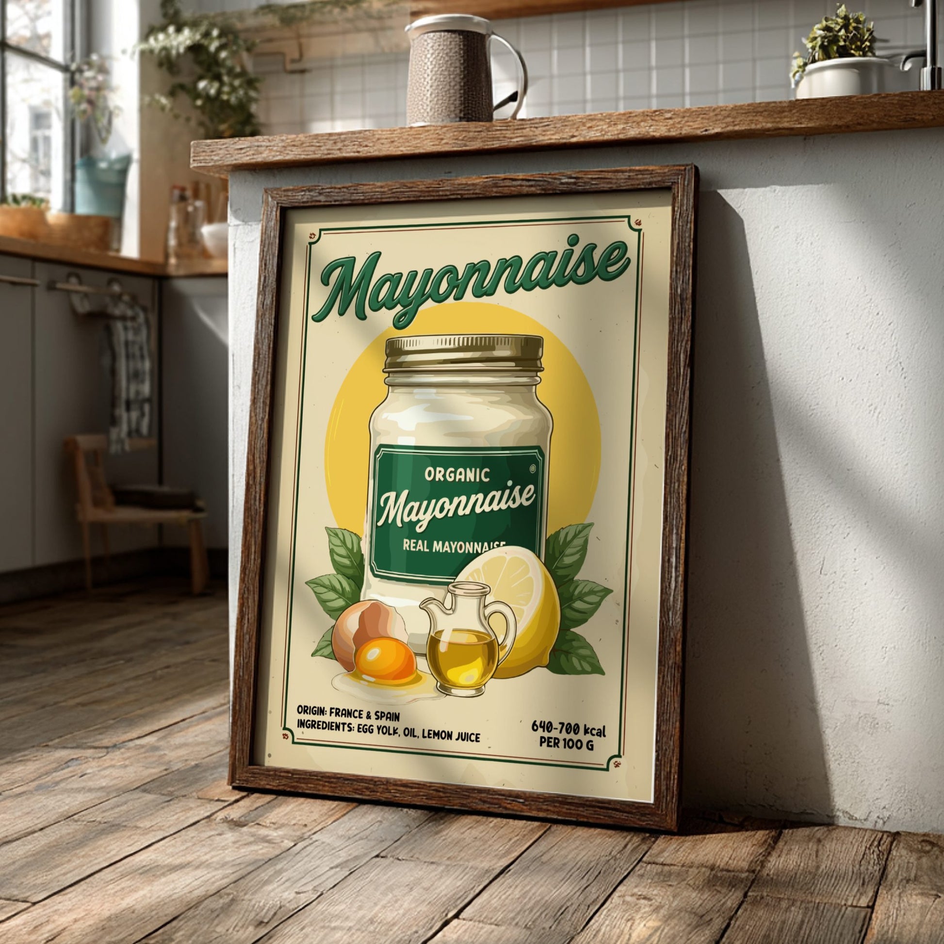 Framed poster of organic mayonnaise with kitchen setting
