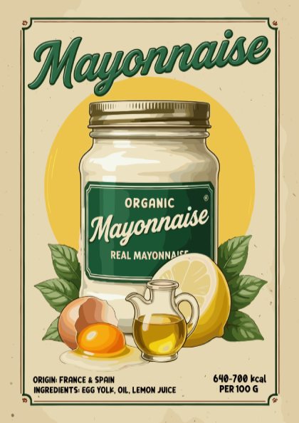 Vintage-style poster of organic mayonnaise with ingredients and nutritional information.