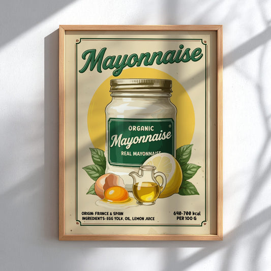 Framed poster of an organic mayonnaise jar with ingredients on a light background