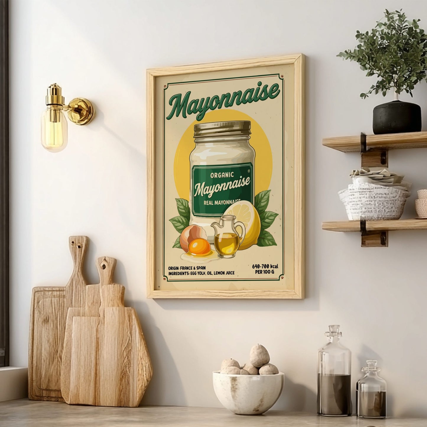 Framed vintage-style mayonnaise advertisement on a kitchen wall with wooden cutting boards and shelves.