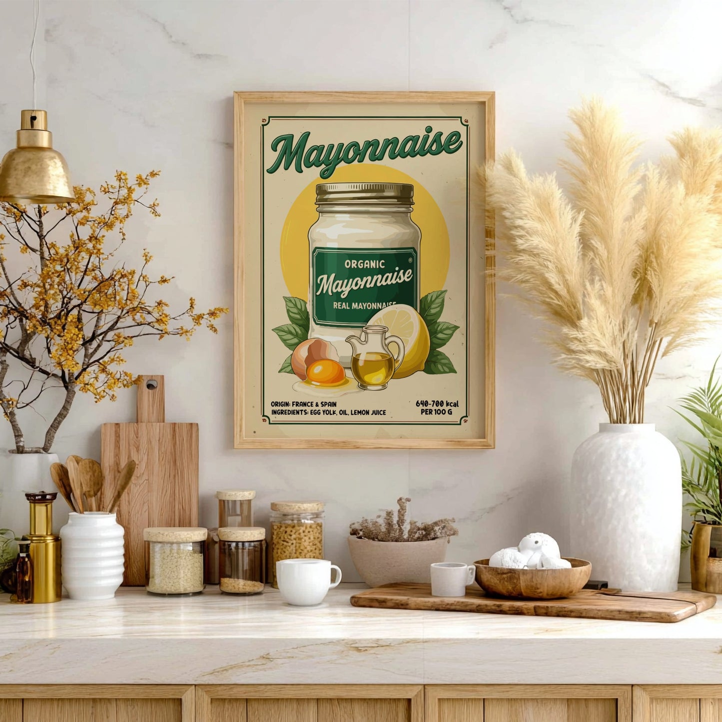 Framed vintage-style mayonnaise advertisement on a kitchen wall with decorative items.