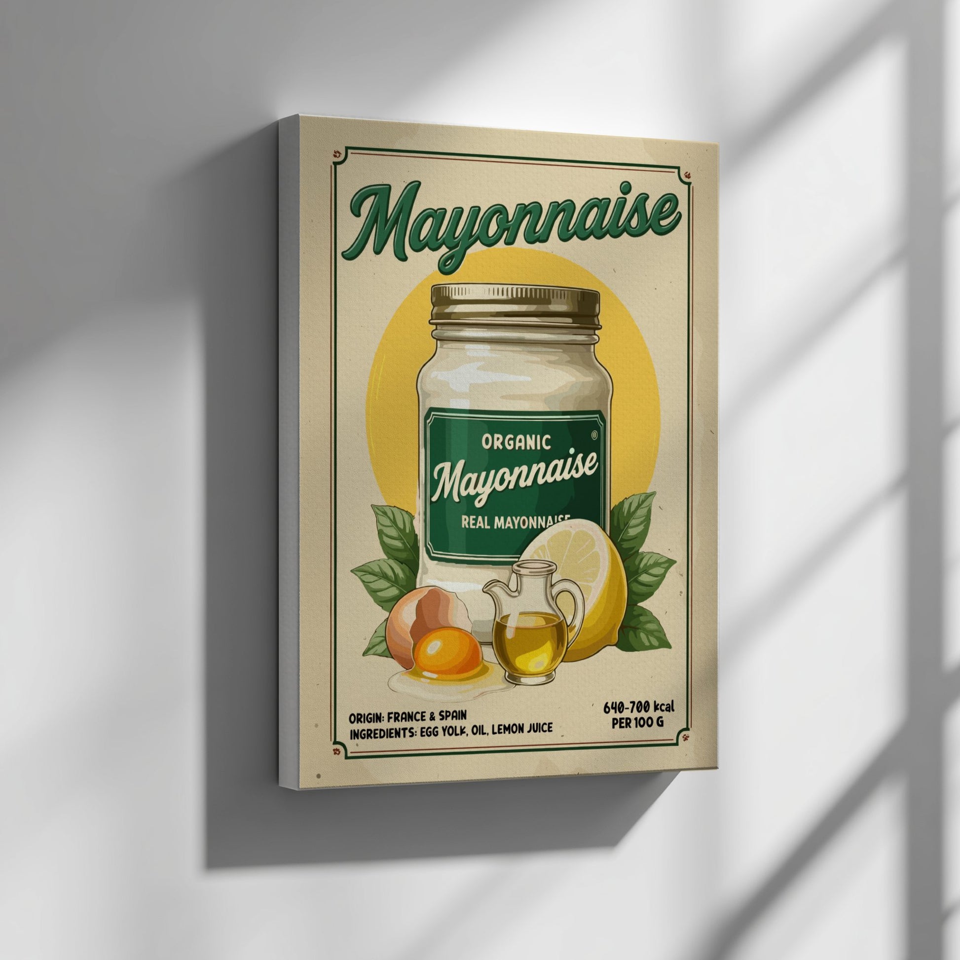Canvas print of a vintage mayonnaise label on a wall.