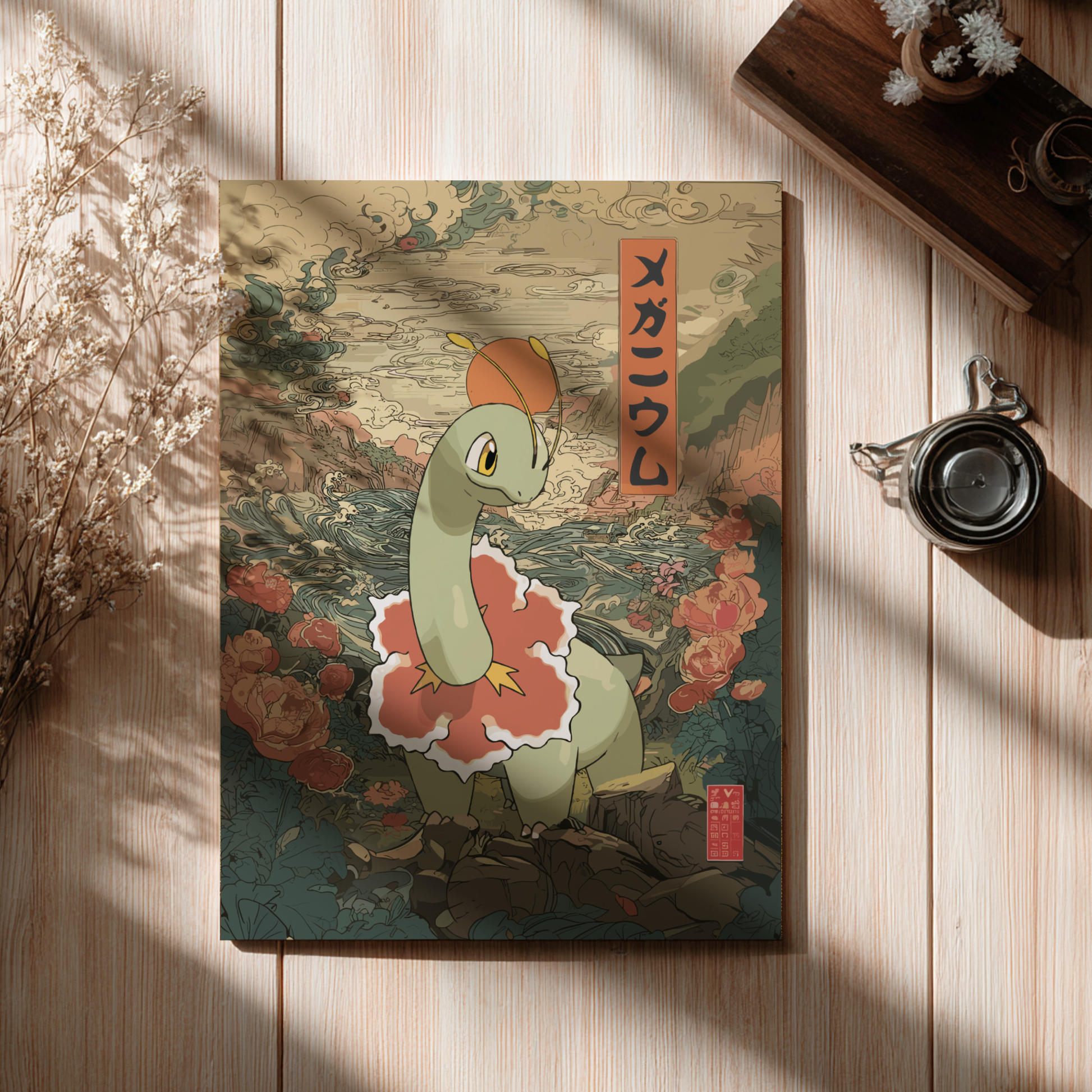 Notebook with a Meganium Pokemon design on a wooden surface with a cup and flowers.