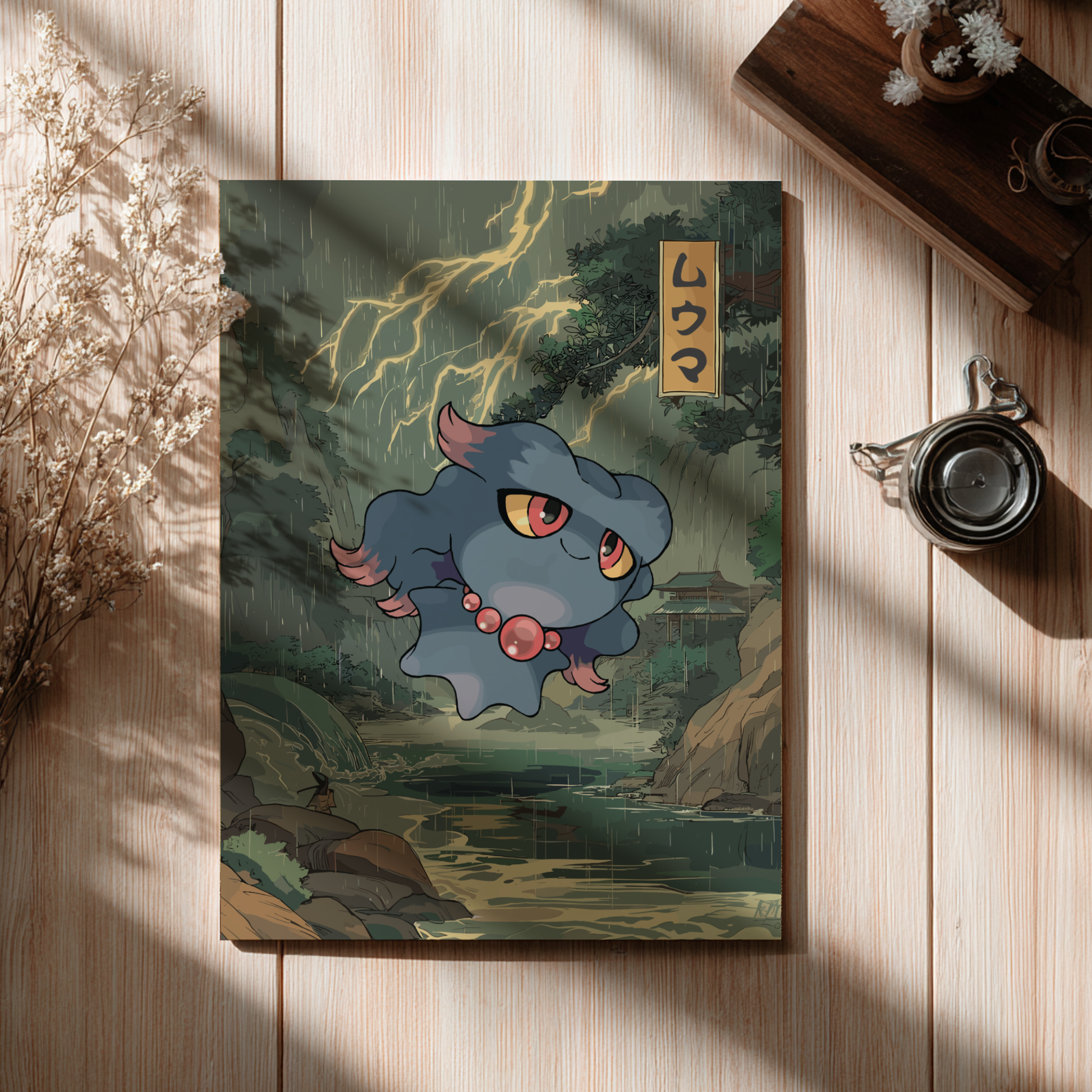 Framed artwork of Misdreavus Pokemon on a wooden surface.