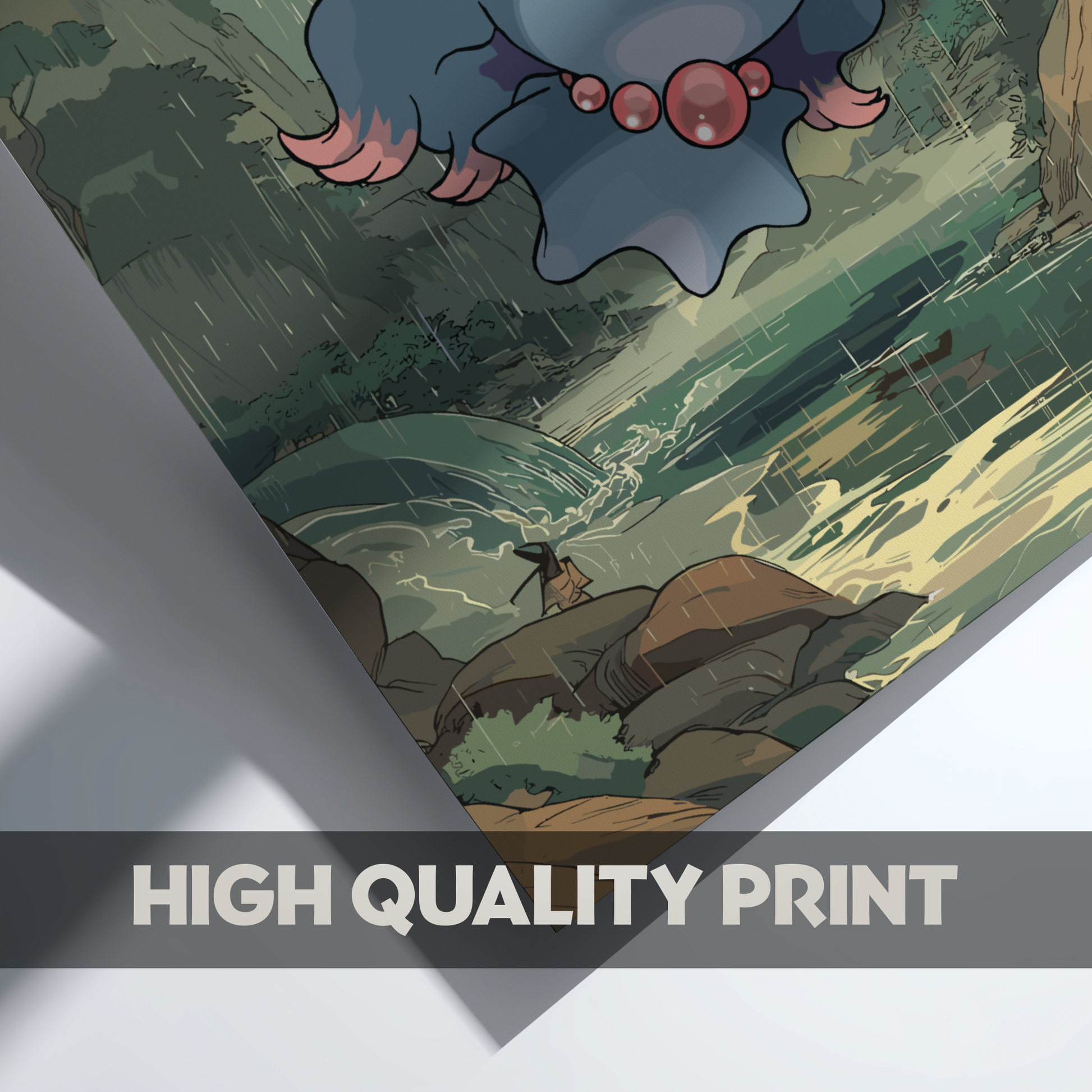 Illustration of Misdreavus Pokemon, set against a scenic background.