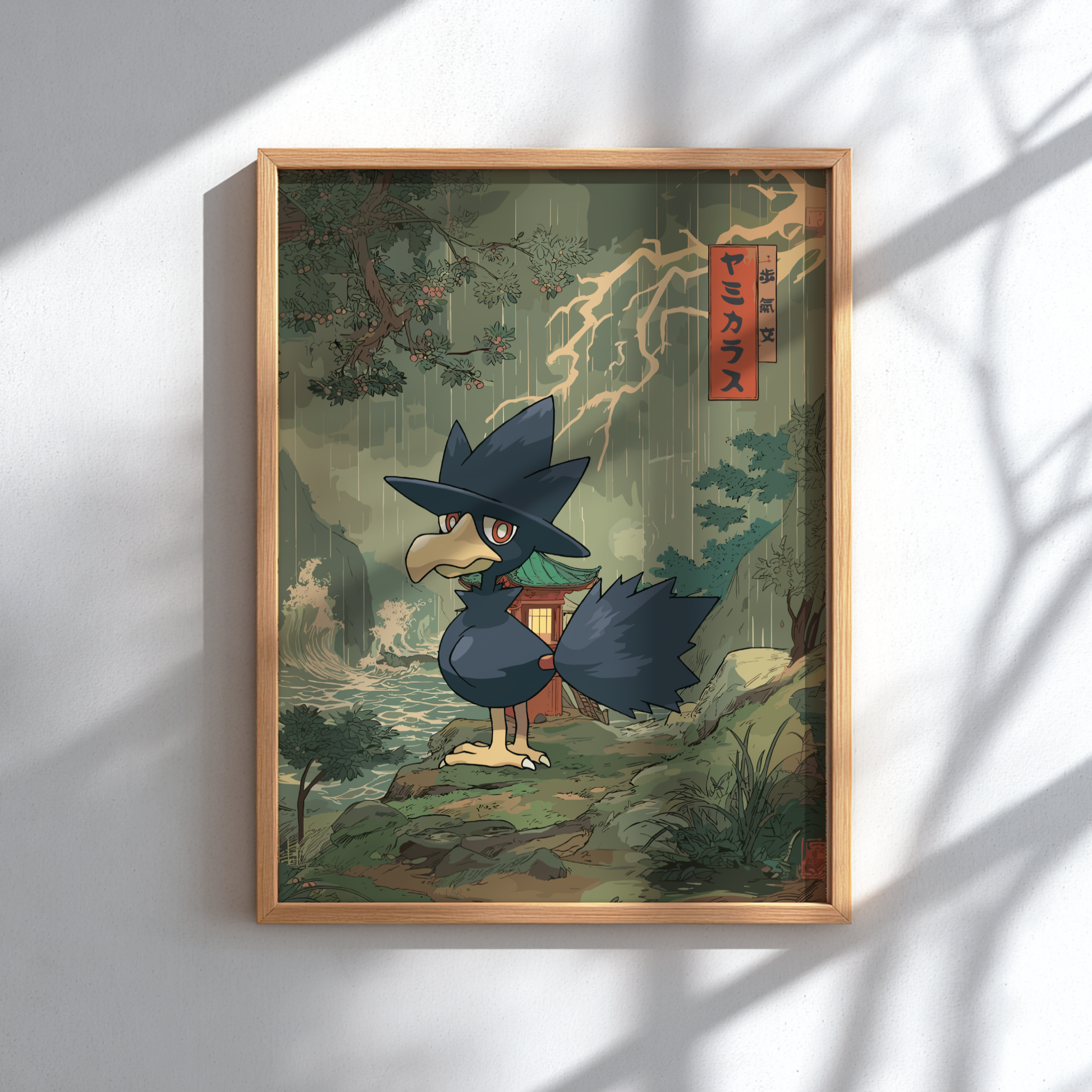 Framed artwork of Murkrow Pokemon in a forest setting