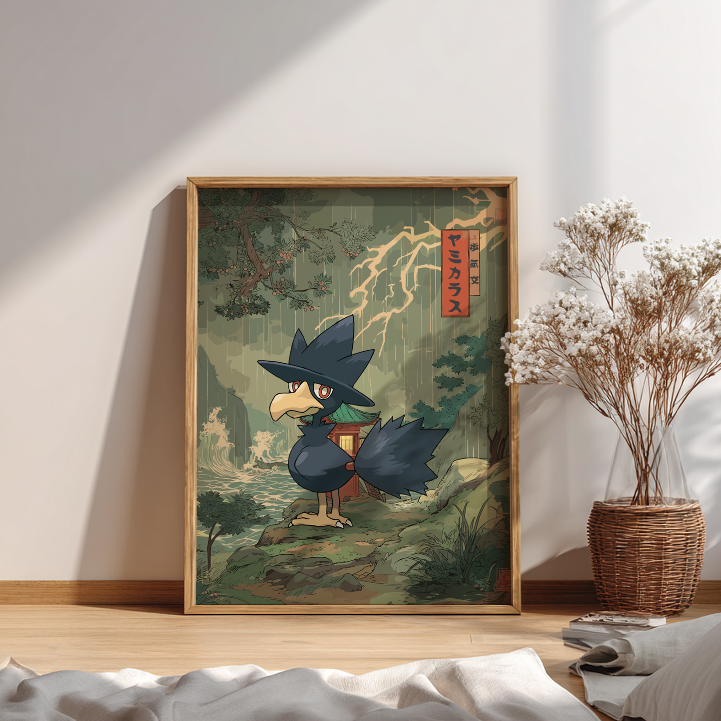 Framed artwork of Murkrow Pokemon in a forest setting on a wall.