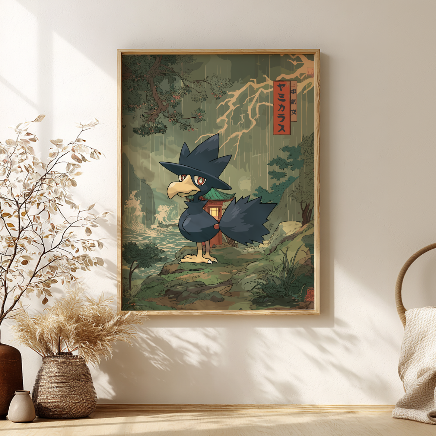 Framed artwork of Murkrow Pokemon in a natural setting on a wall.