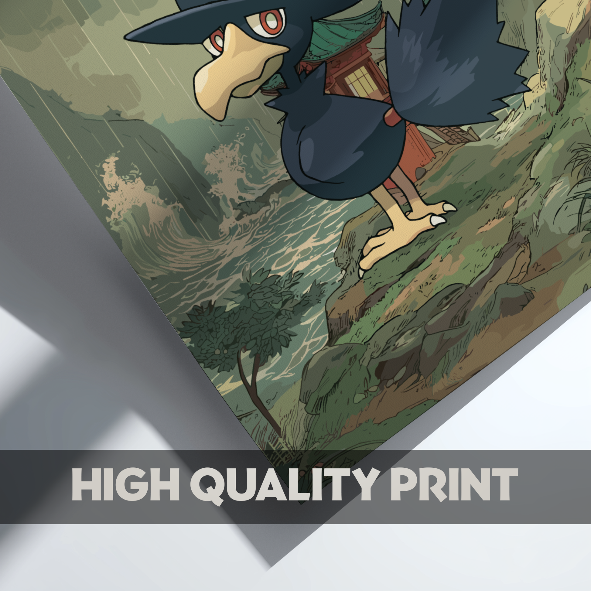 Murkrow Pokemon on a mountain with 'High Quality Print' text