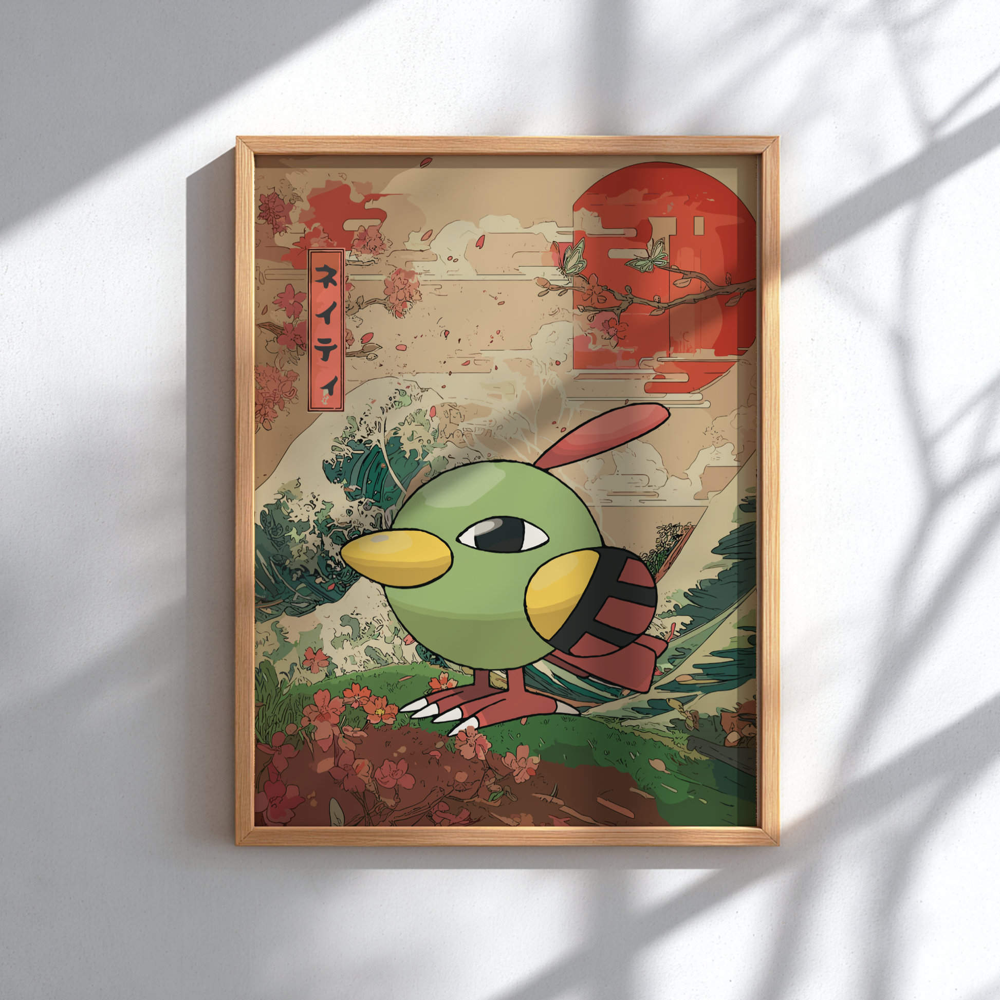 Framed artwork with a stylized Natu Pokemon on a textured background