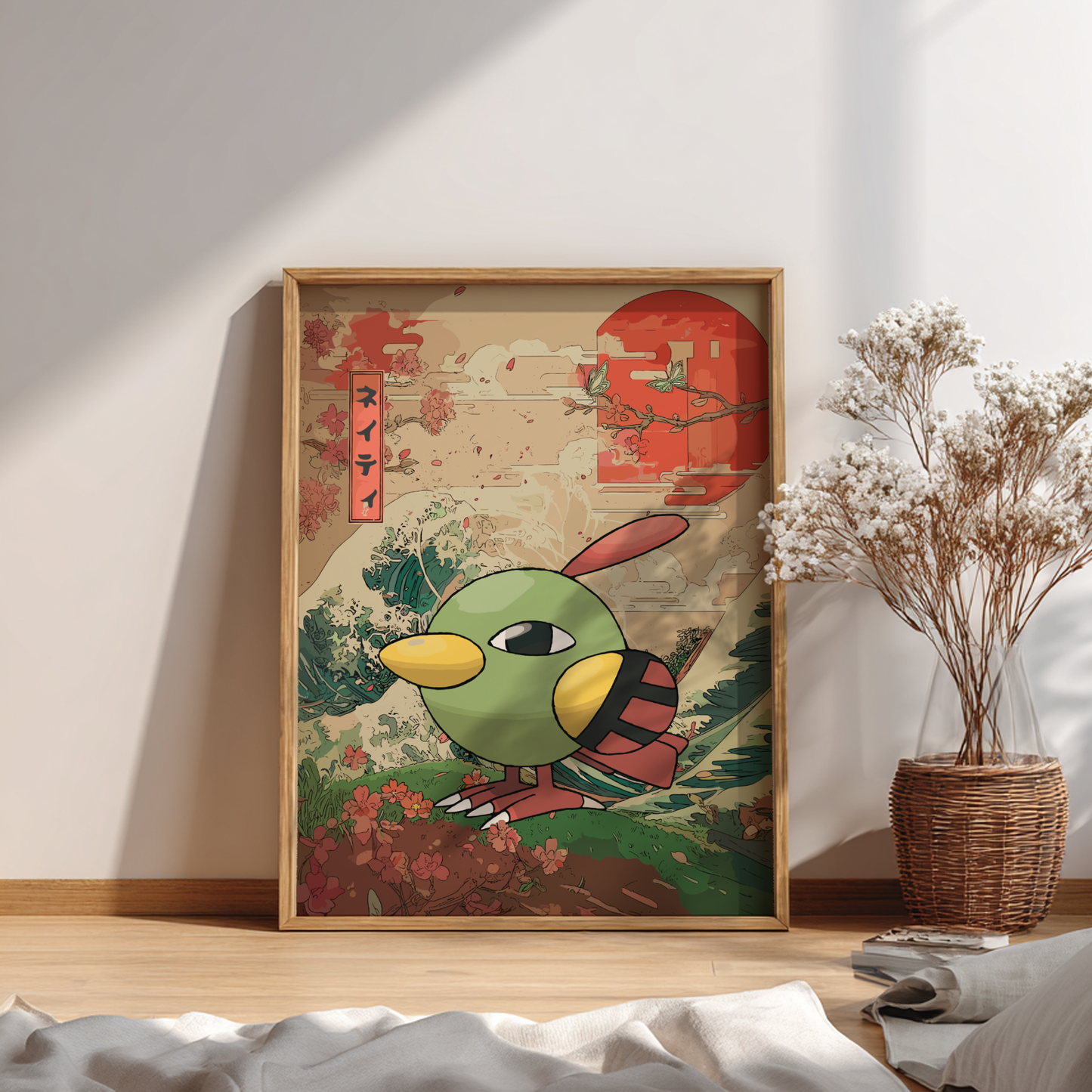 Framed artwork of Natu Pokemon with floral elements on a wall.