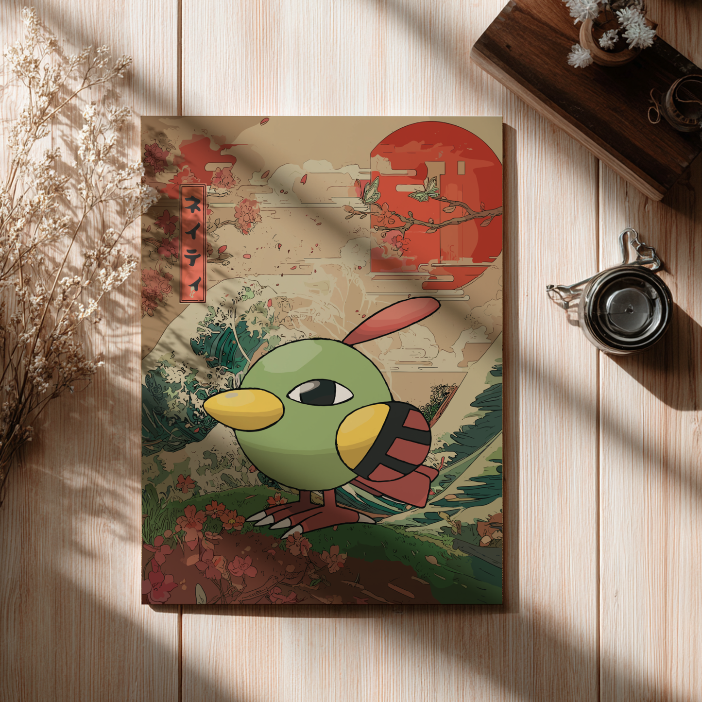 Poster with a Natu Pokemon design on a wooden surface