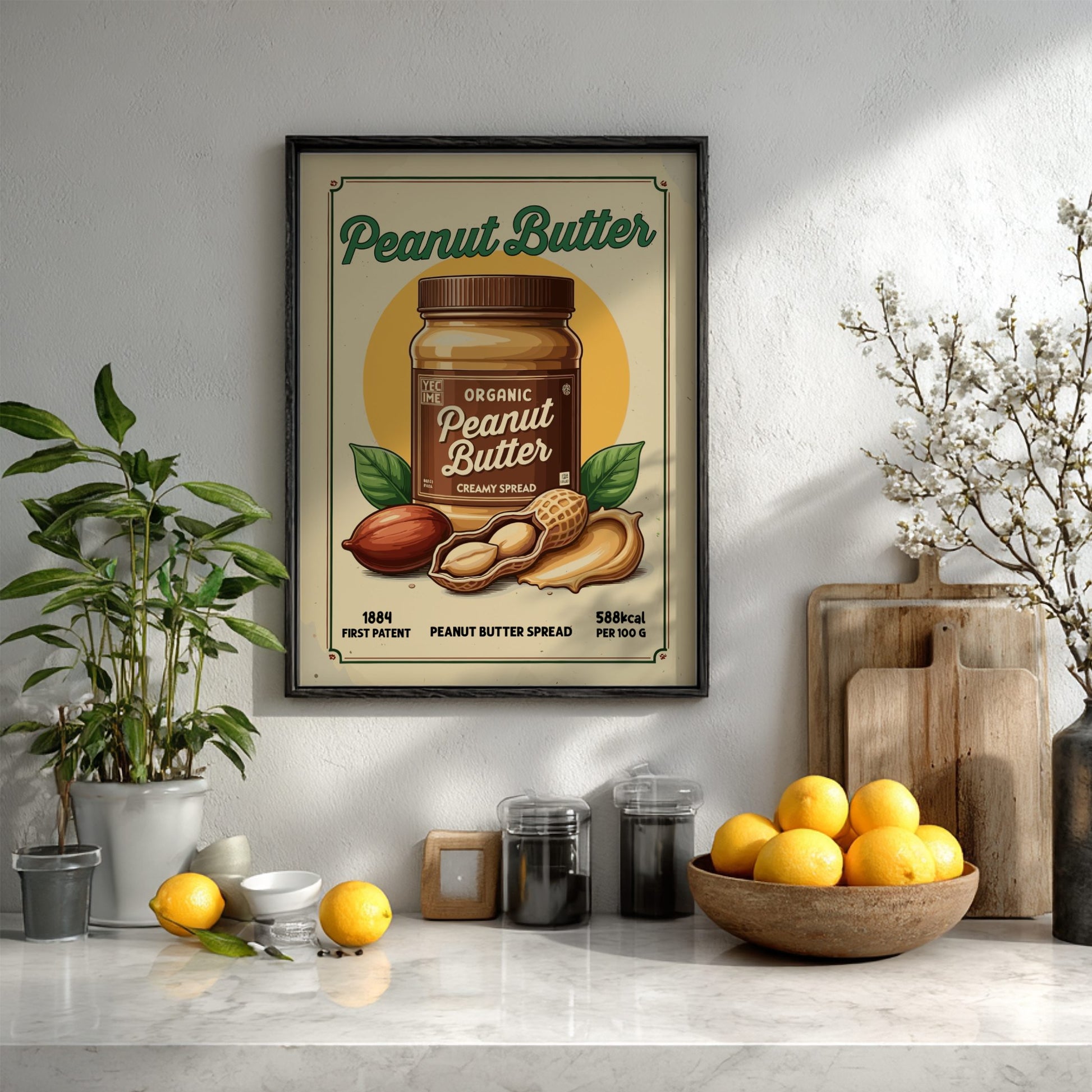 Framed peanut butter poster on a kitchen wall with fruits and plants.