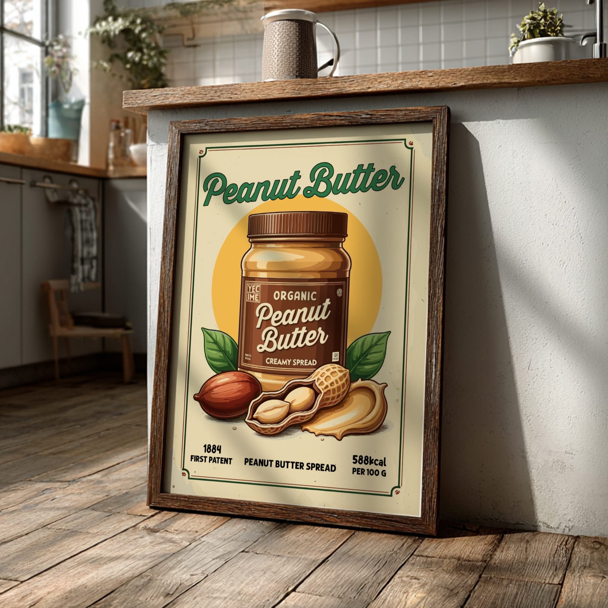 Framed poster of a peanut butter jar on a kitchen counter