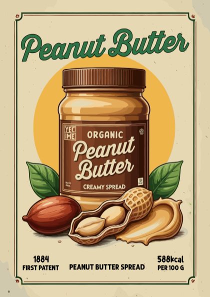 Illustration of a jar of organic peanut butter with peanuts on a beige background