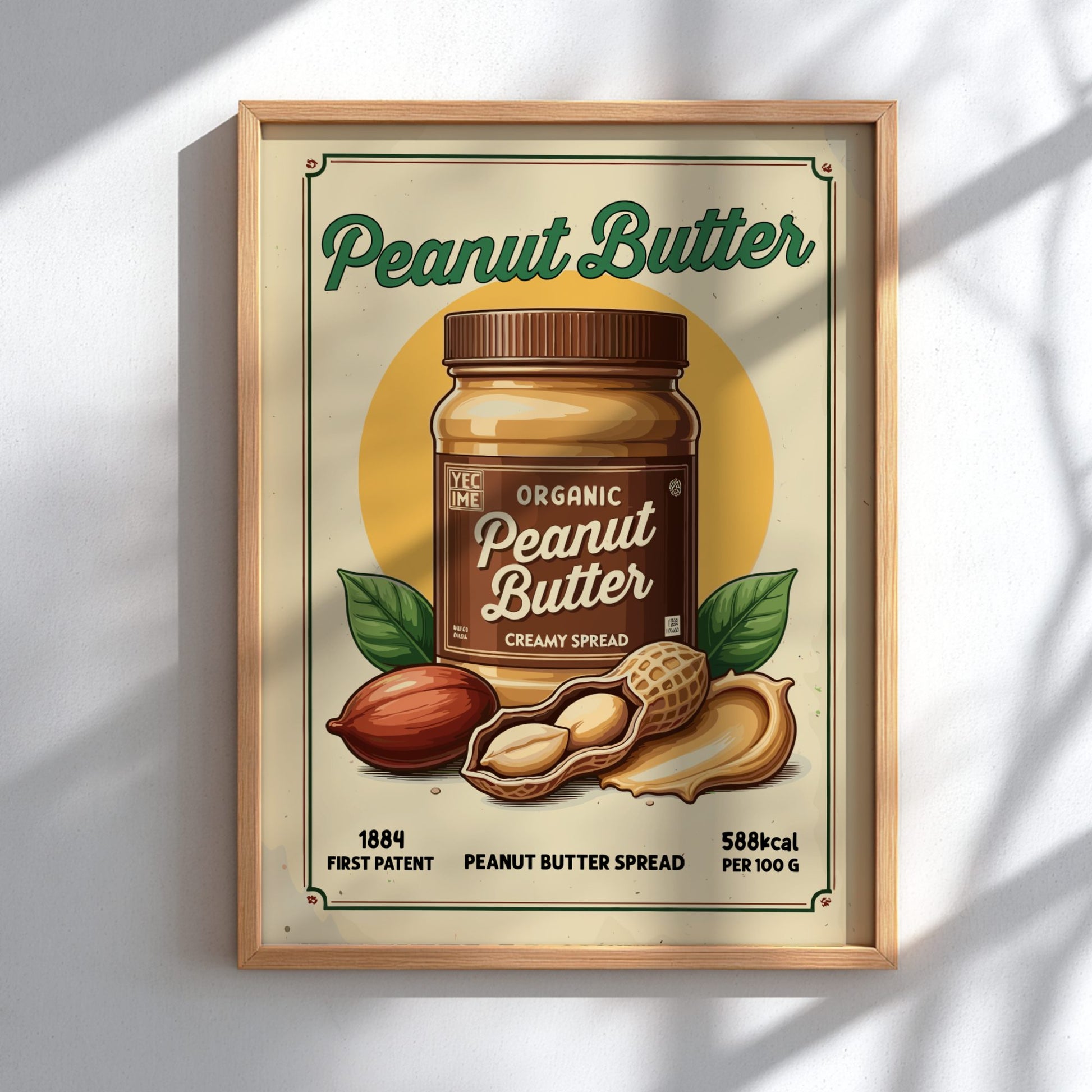 Framed poster of a jar of peanut butter with a wooden frame.