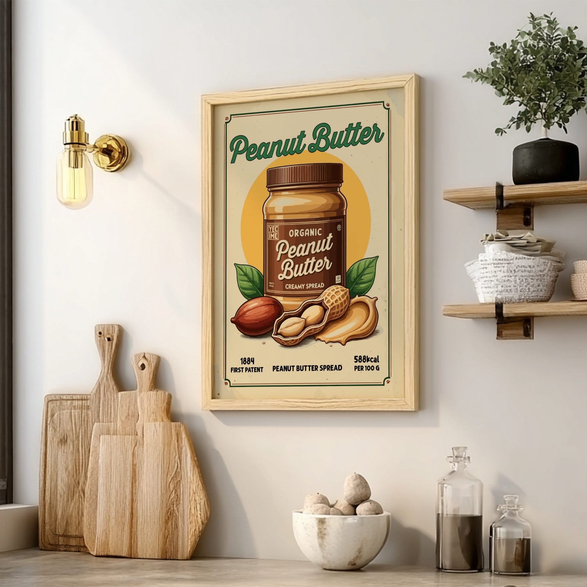 Framed peanut butter poster on a wall with kitchen decor