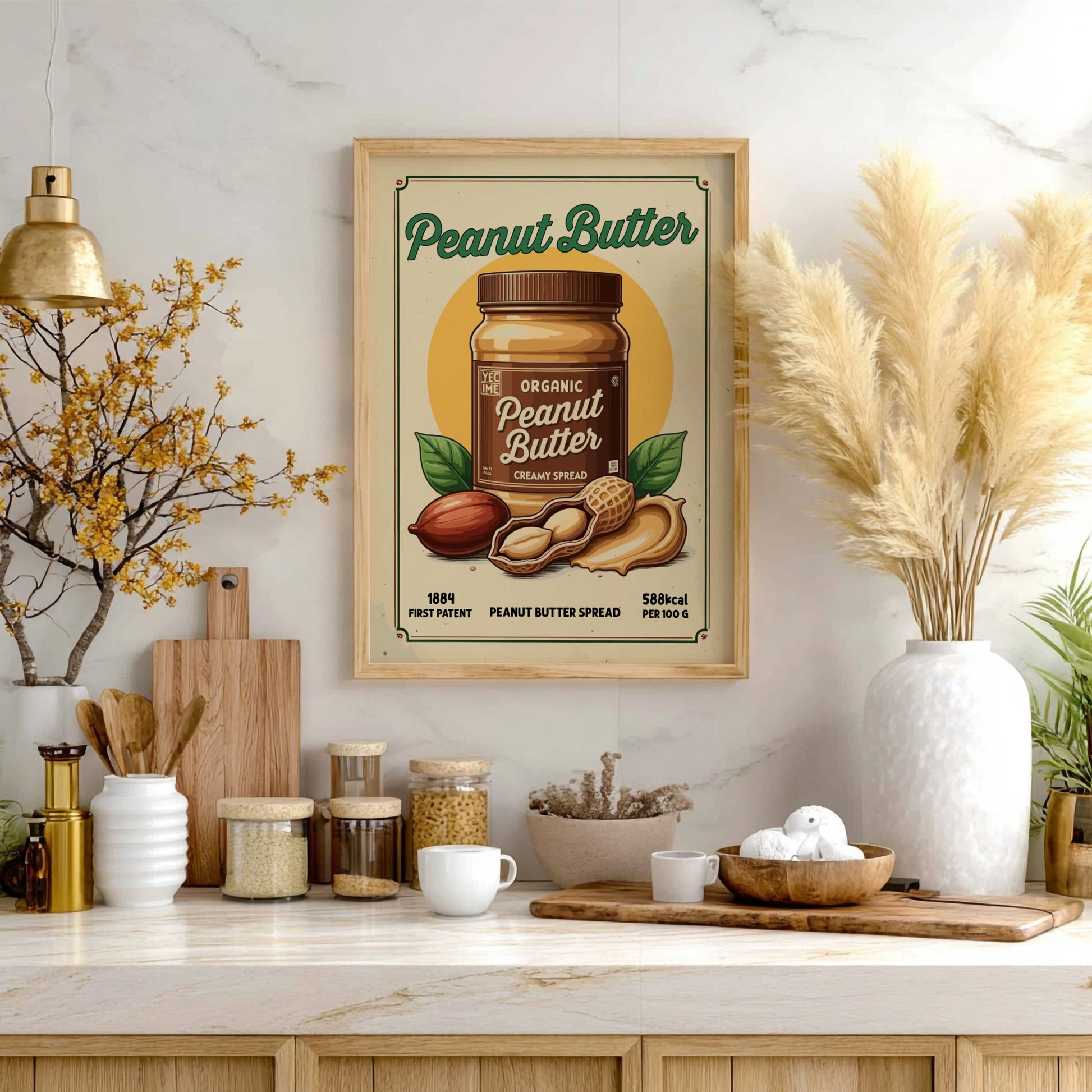 Framed poster of peanut butter on a kitchen counter with jars and decor.