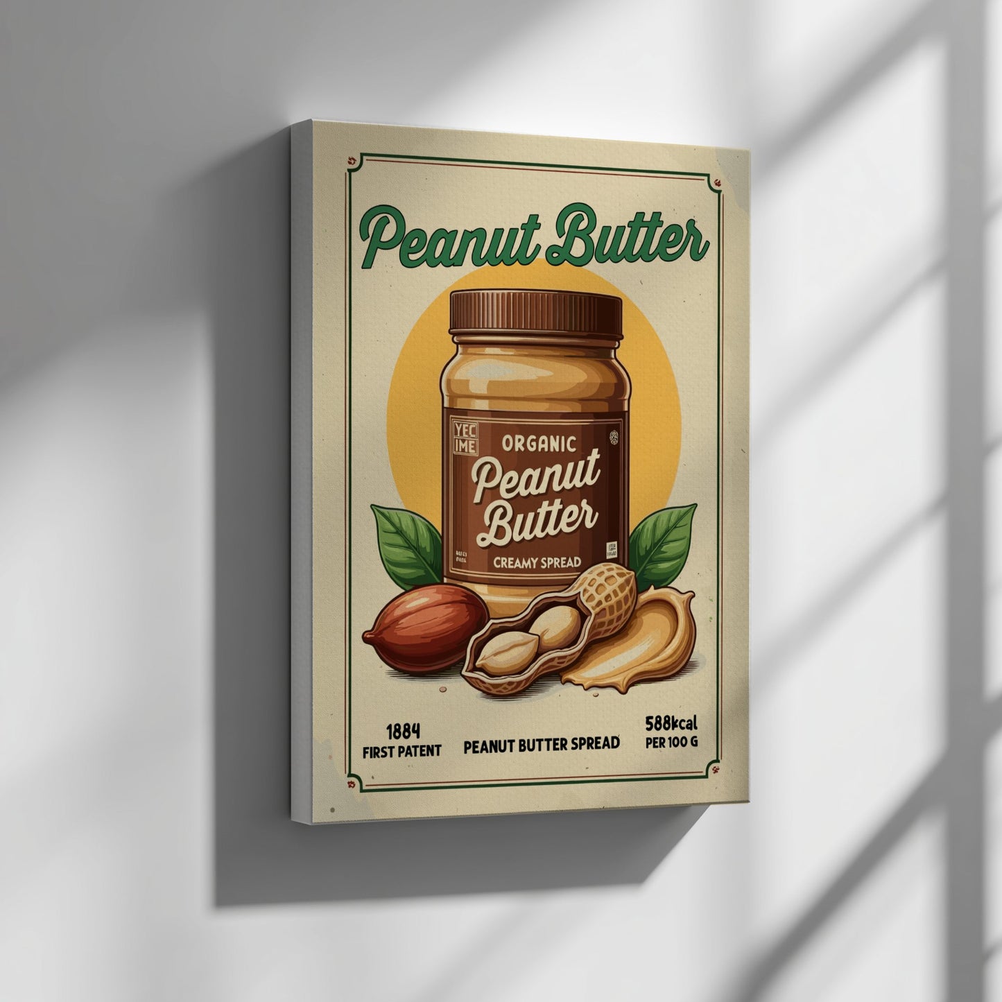 Canvas print of a peanut butter jar design on a wall.