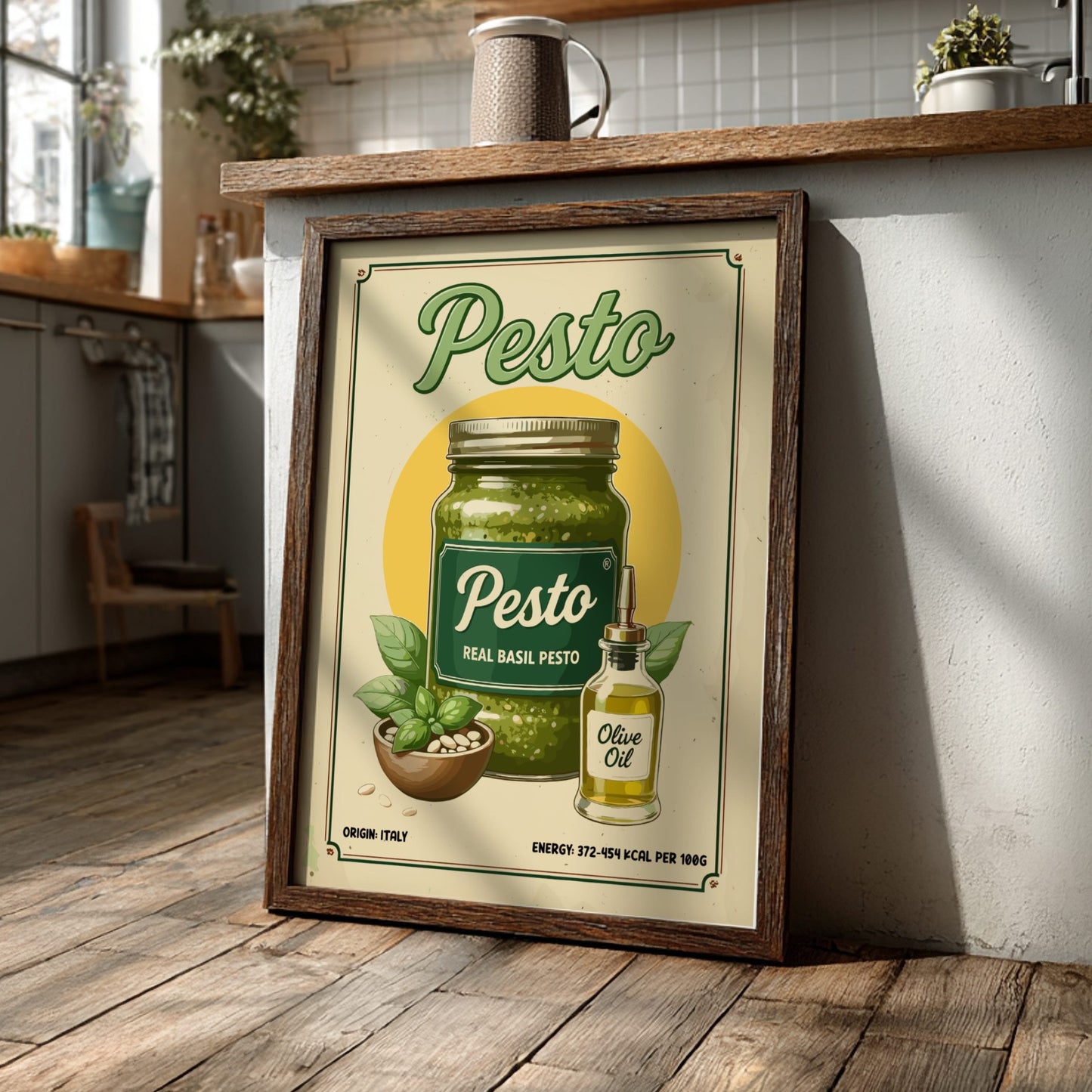 Framed pesto poster on a wooden floor in a kitchen setting