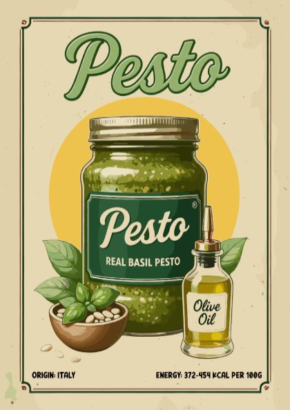 Vintage-style poster of a jar of pesto and a bottle of olive oil with basil leaves and ingredients.
