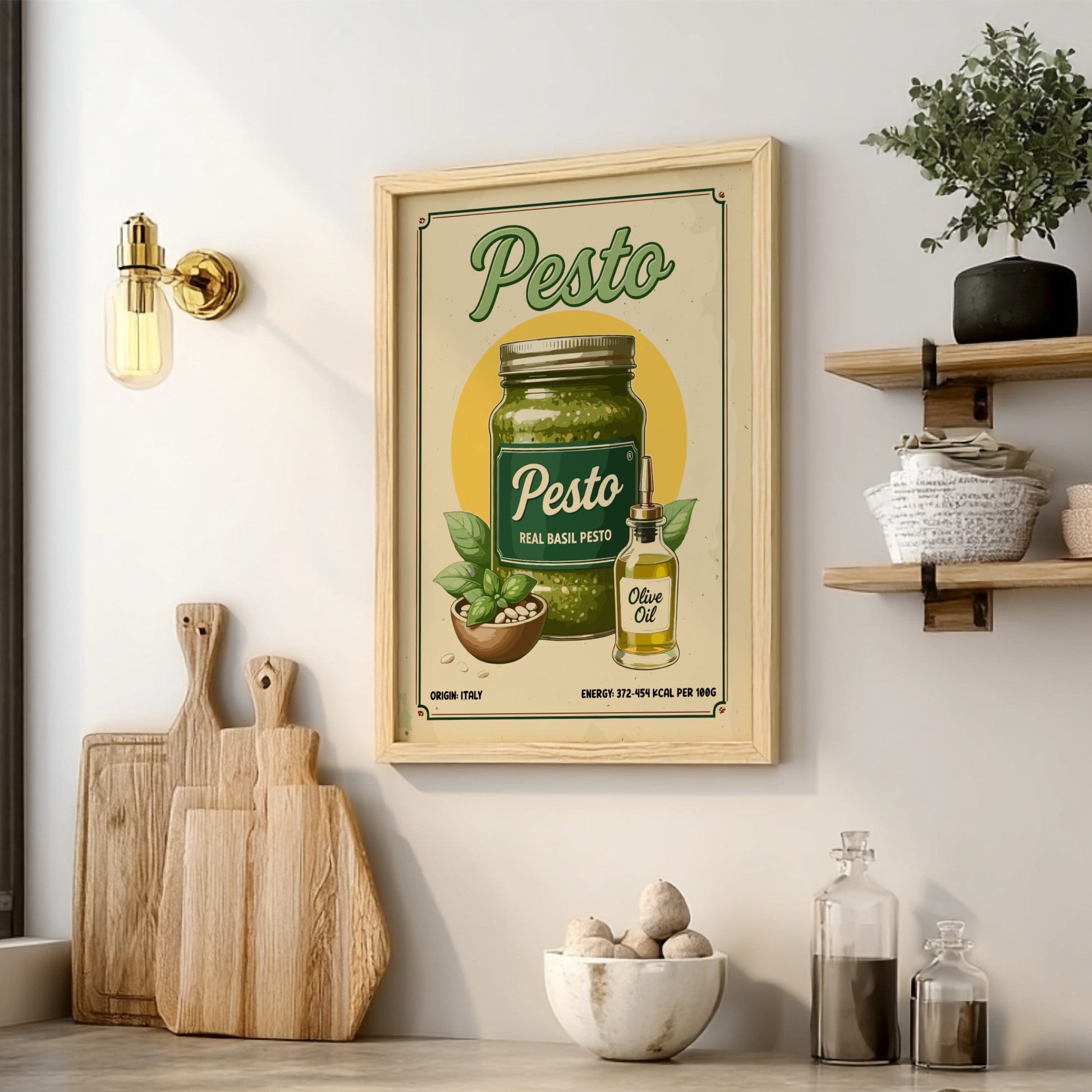 Framed poster of pesto with kitchen items on a shelf