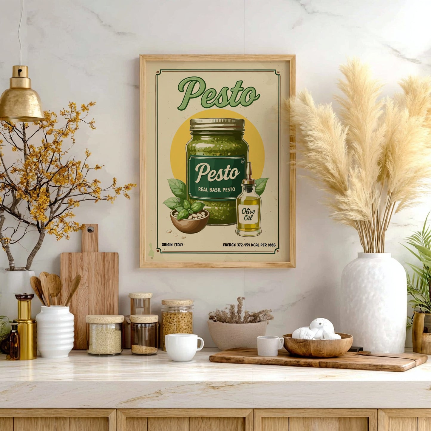 Framed pesto poster on a kitchen wall with jars and decor items.