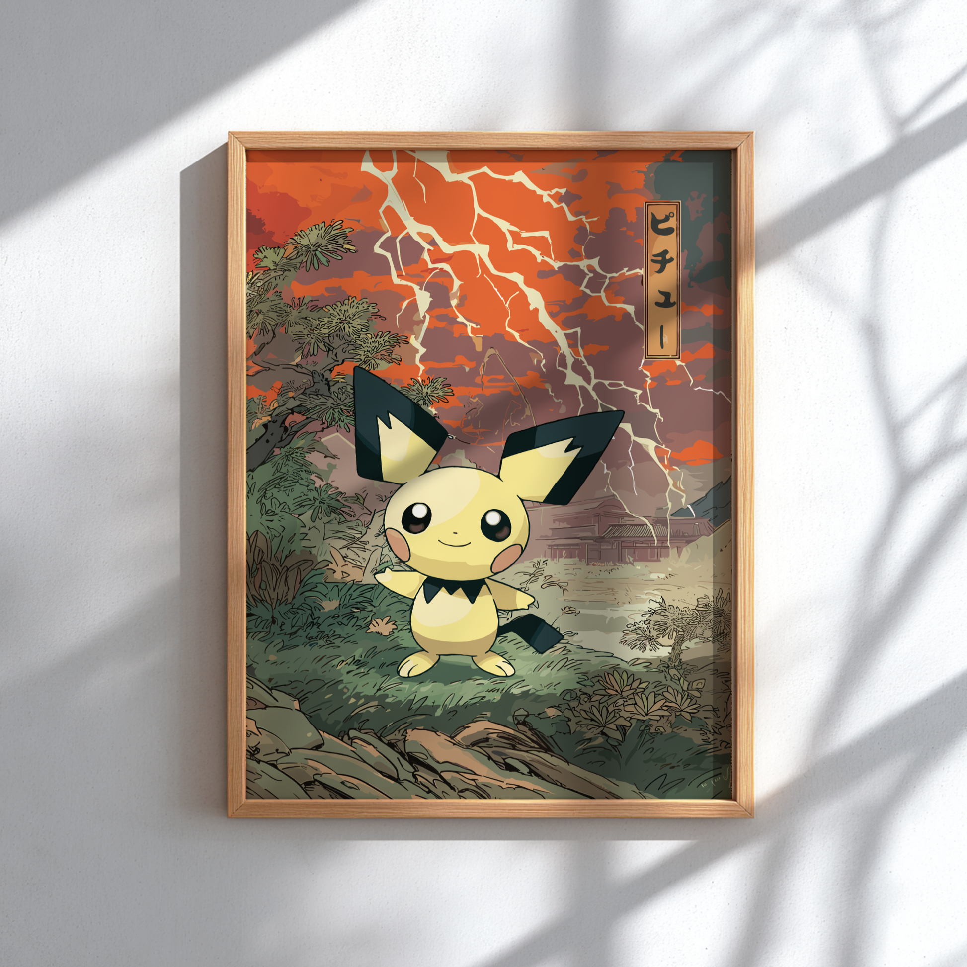 Framed artwork of Pichu Pokemon with a dramatic landscape background