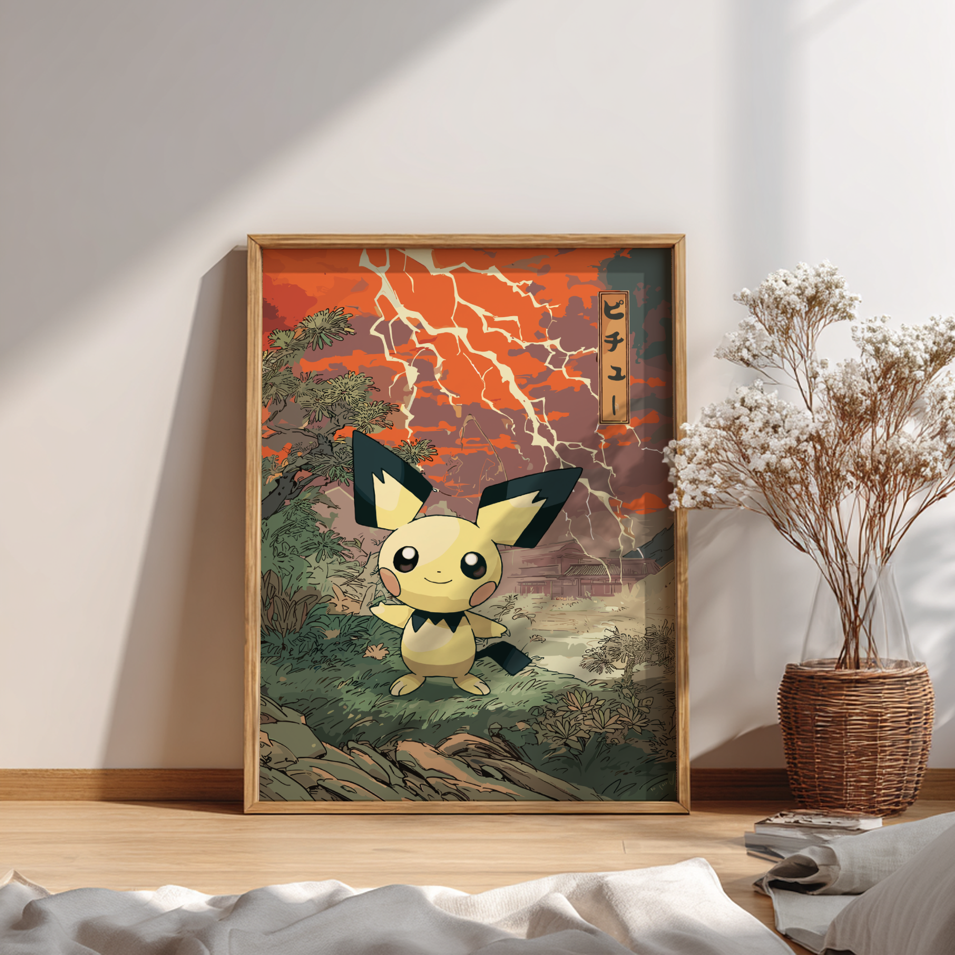 Framed artwork of Pichu Pokemon in a natural setting on a wall.