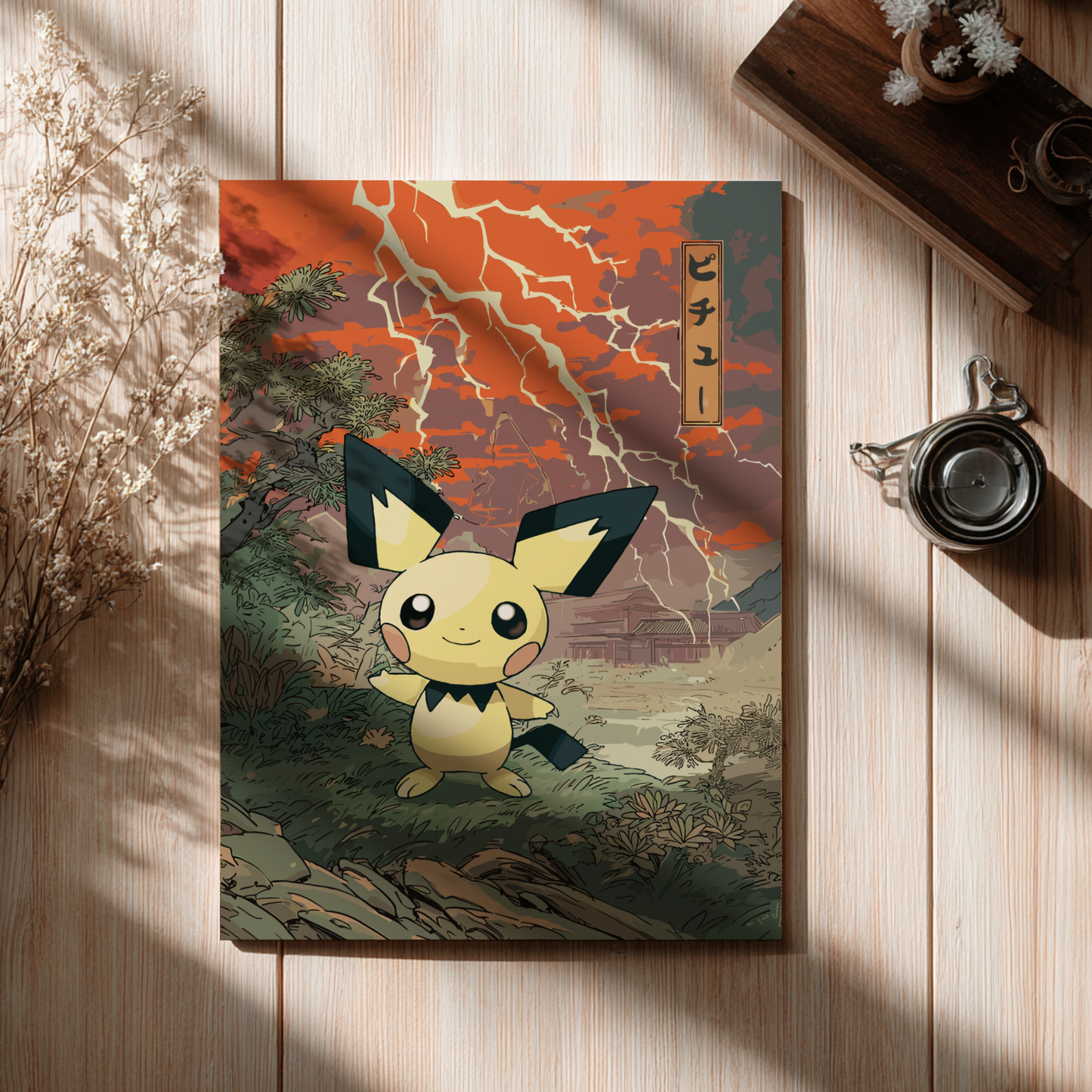 Poster of Pichu Pokemon on a wooden surface with a cup and branches.