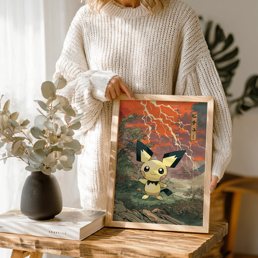 Person holding a framed artwork of Pichu Pokemon in a scenic setting