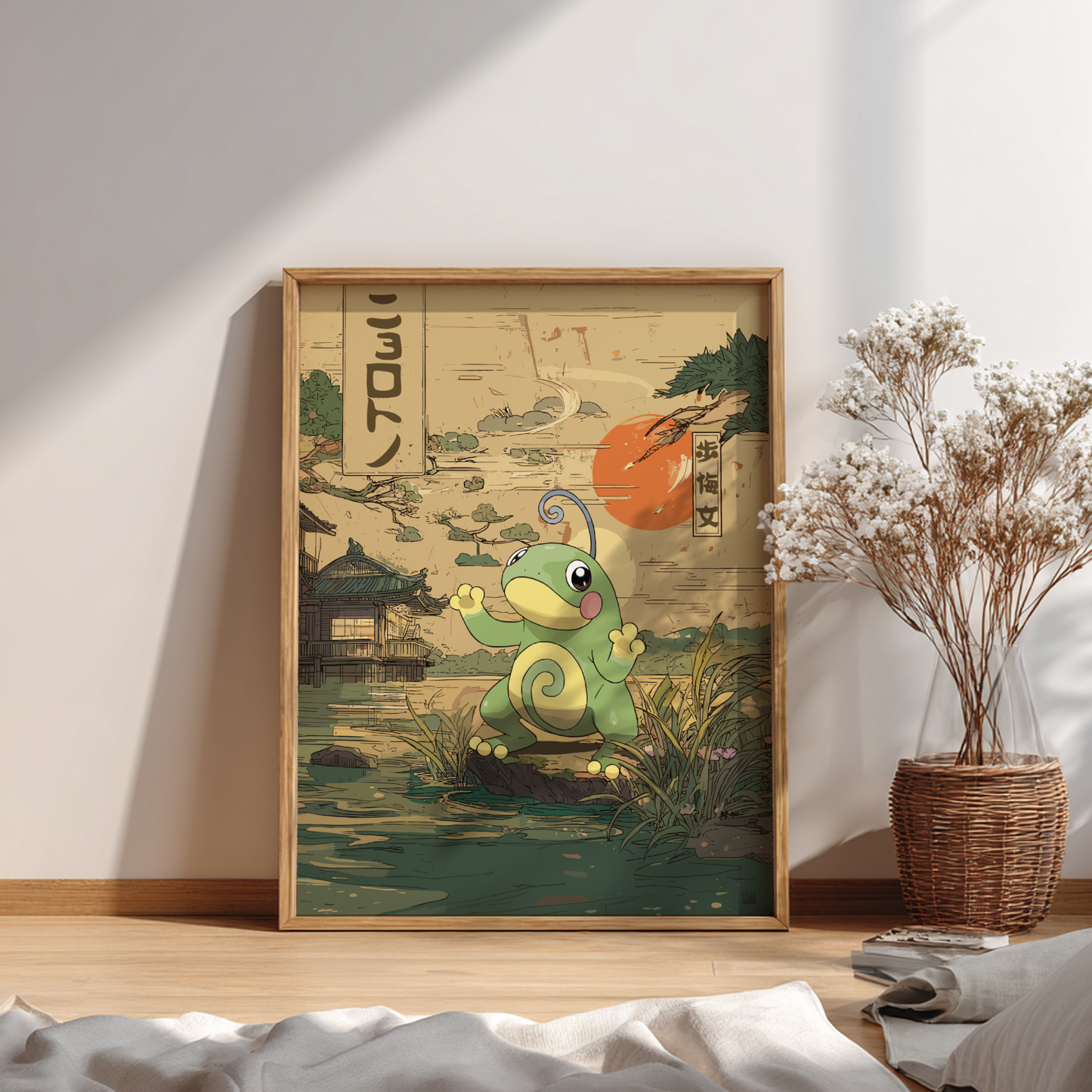 Framed artwork of Politoed Pokemon in a traditional Japanese setting on a wall.