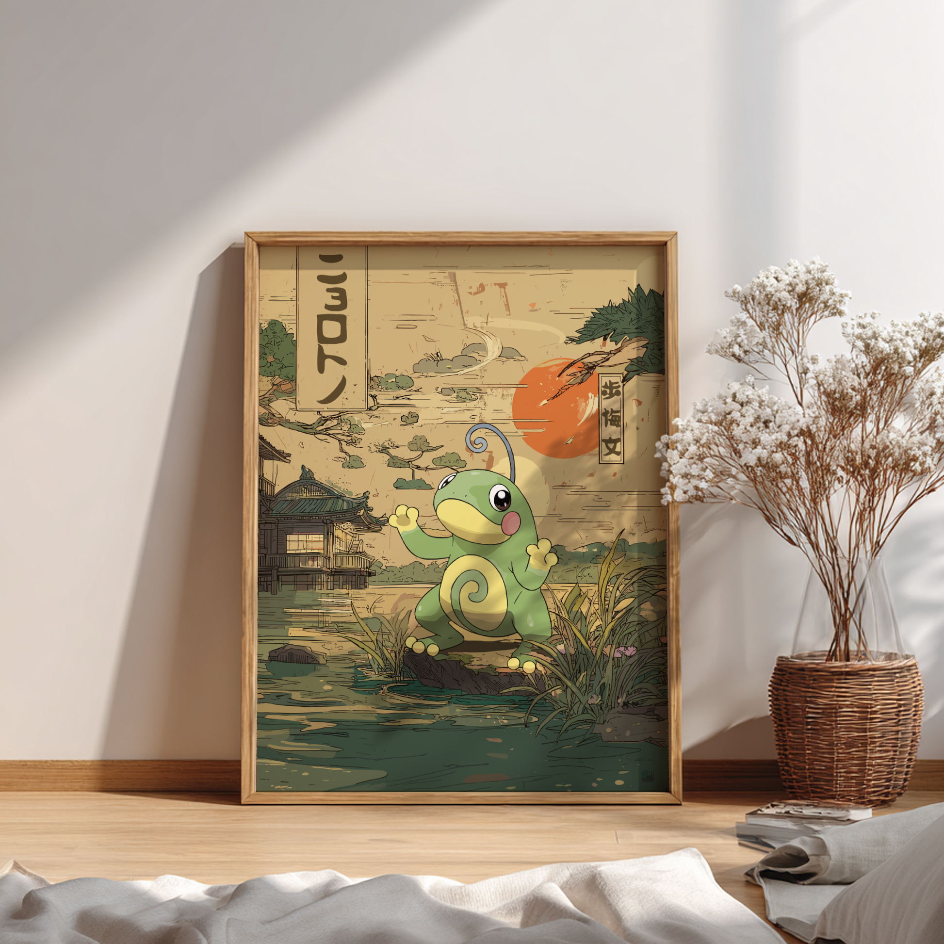 Framed artwork of Politoed Pokemon in a traditional Japanese setting on a wall.