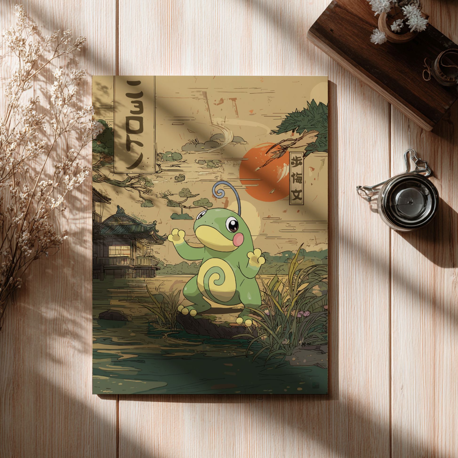 Canvas print with a Politoed Pokemon design on a wooden surface