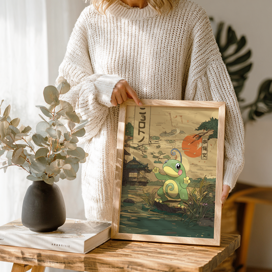 Person holding a framed illustration of Politoed Pokemon in a natural setting