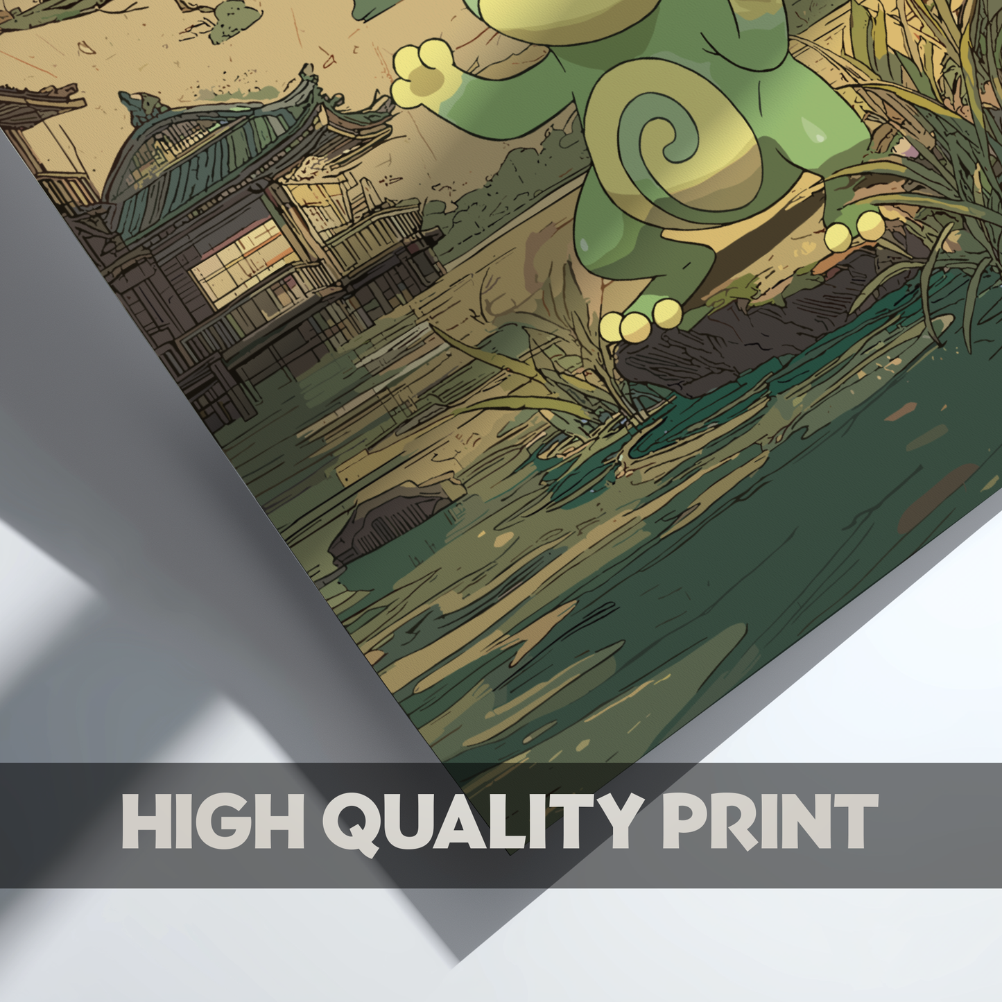 Illustration of Politoed Pokemon on a traditional Japanese house background, labeled 'High Quality Print'.