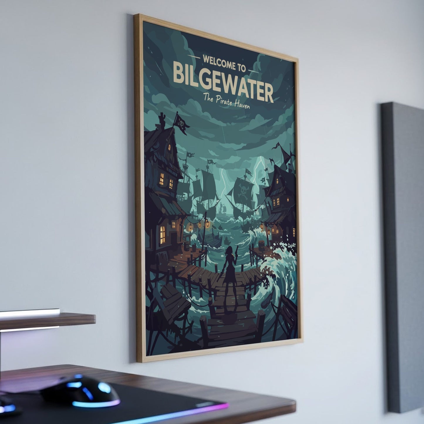 Framed artwork of 'Welcome to Bilgewater' on a wall above a desk.