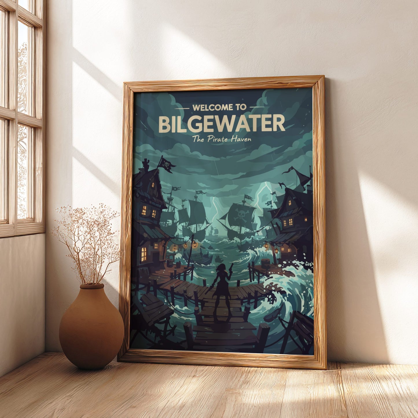 Framed poster of 'Welcome to Bilgewater' with a pirate-themed design in a room with a window and vase.