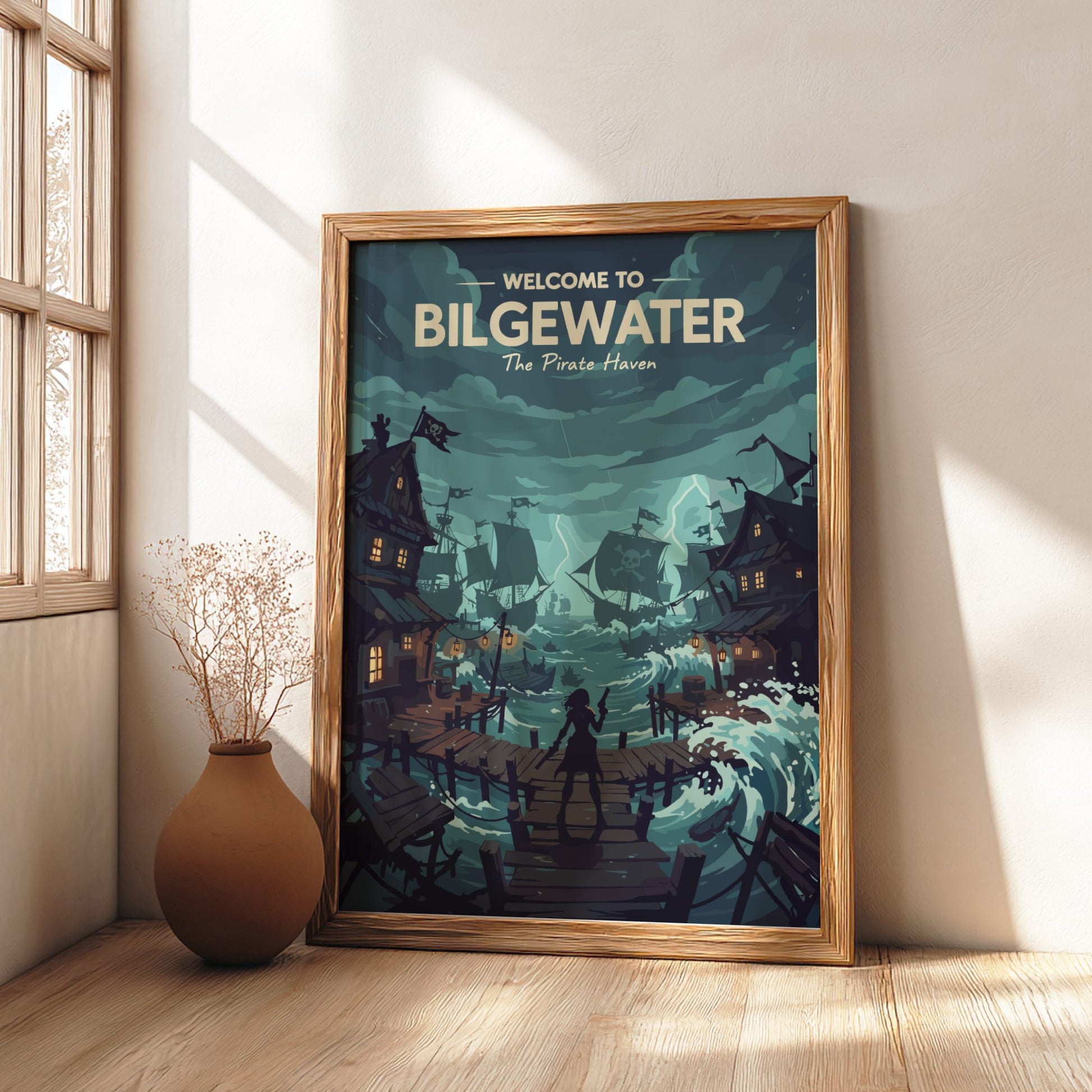 Framed poster of 'Welcome to Bilgewater' with a pirate-themed design in a room with a window and vase.