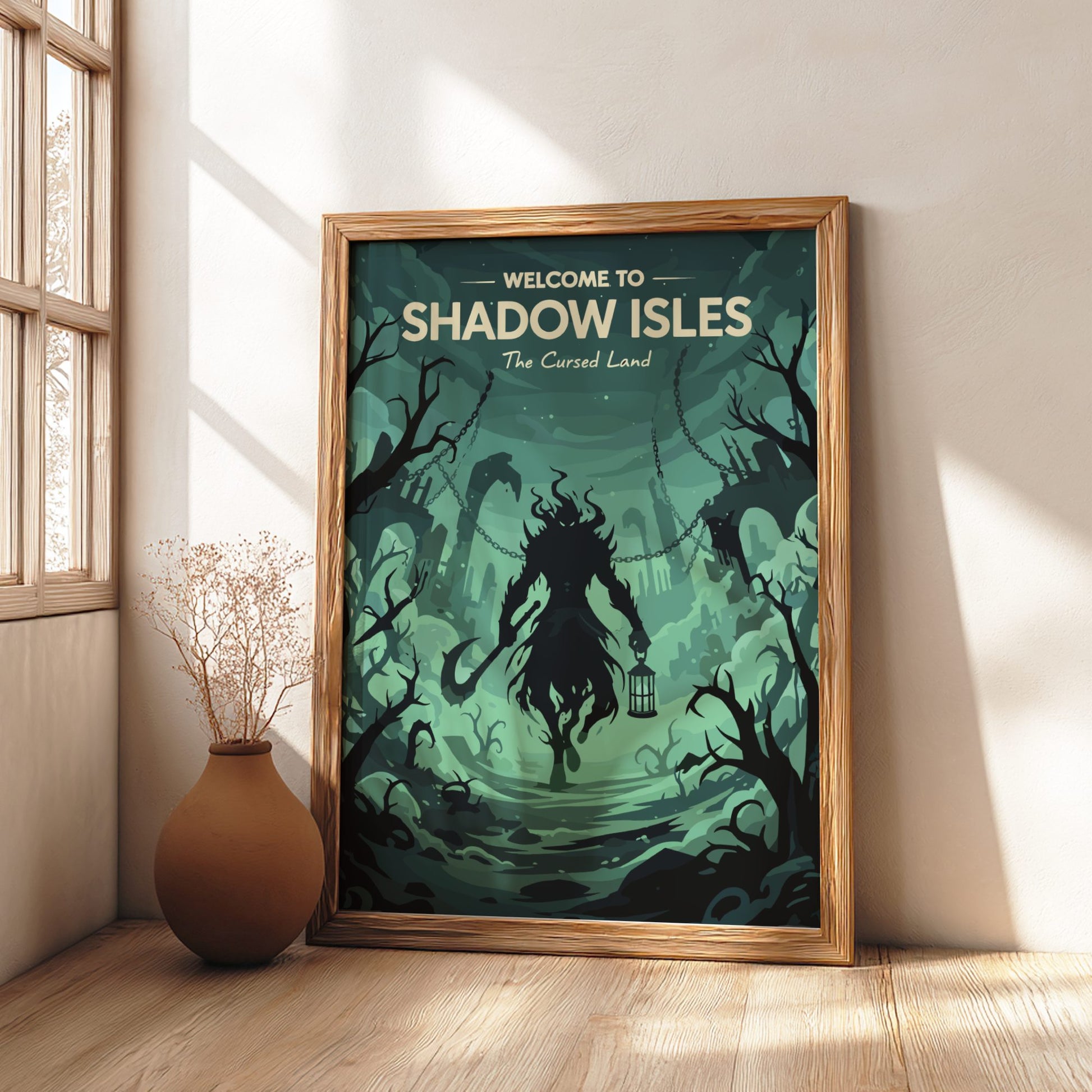 Framed 'Welcome to Shadow Isles' poster in a room with a vase and window.