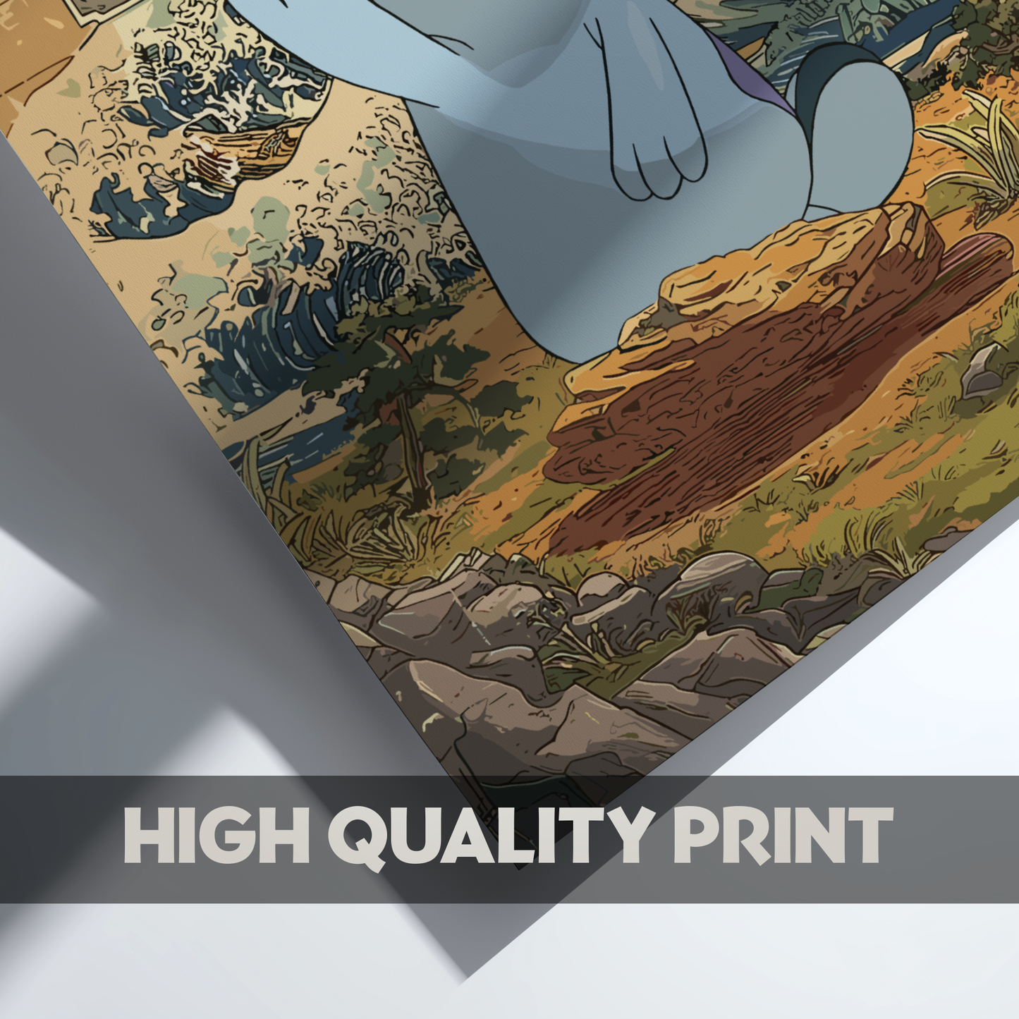 Quagsire Pokemon on a rock with a scenic background, labeled 'High Quality Print'.